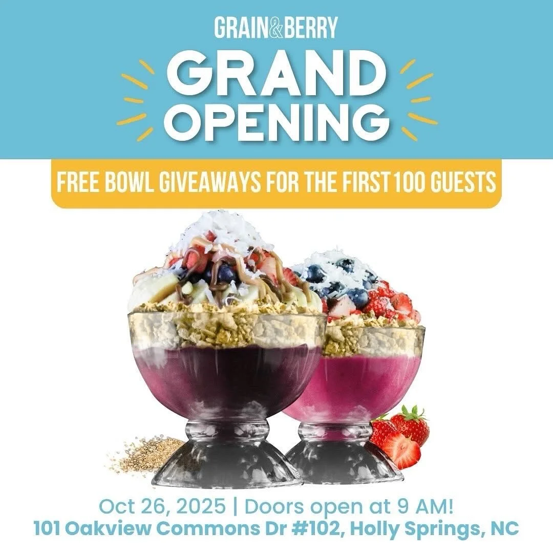Tenant opening!! Visit Grain &amp; Berry this Sunday for their grand opening! Doors open at 9am. Bowl giveaways for the first 100 guests! There&rsquo;s plenty of fresh delicious goodness to enjoy!
.
#oakviewcommons #oakviewcommonsnc #grainandberry #g