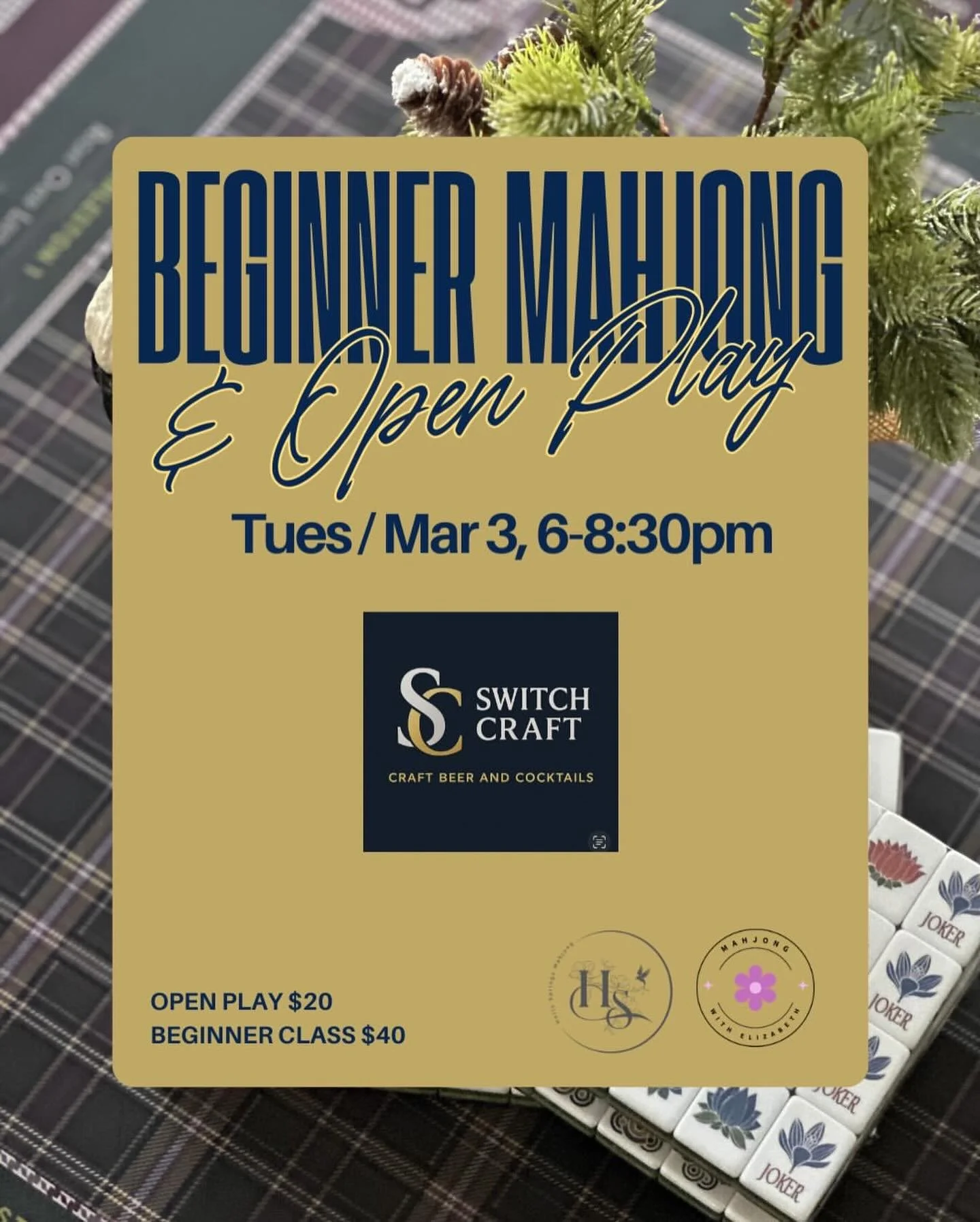 Join us tonight for Mahjong Night at @switch_craft_hollysprings 🀄️🍷🍻 You can order dinner from @oakviewpublichouse and it&rsquo;ll be delivered to us as we play. We love the laid back vibe here and look forward to coming back each month. Sign up t