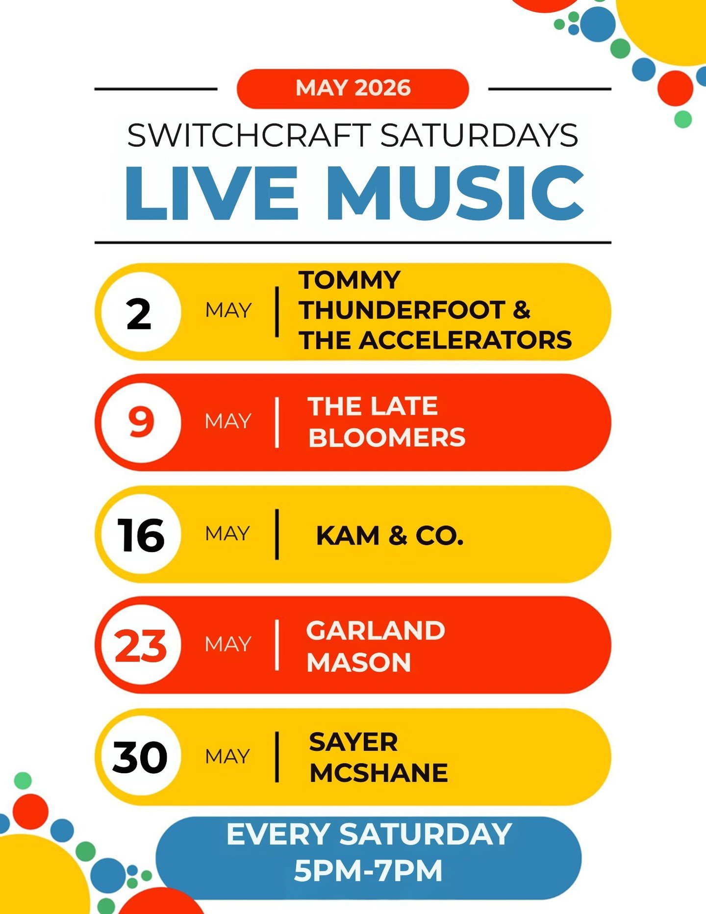 Introducing, Switch Craft Saturdays! @switch_craft_hollysprings is hosting a live music series on Saturdays from 5-7pm starting May 2nd. Bands will set up on the stage in the green space behind Switch Craft. This is a family friendly event so, bring 