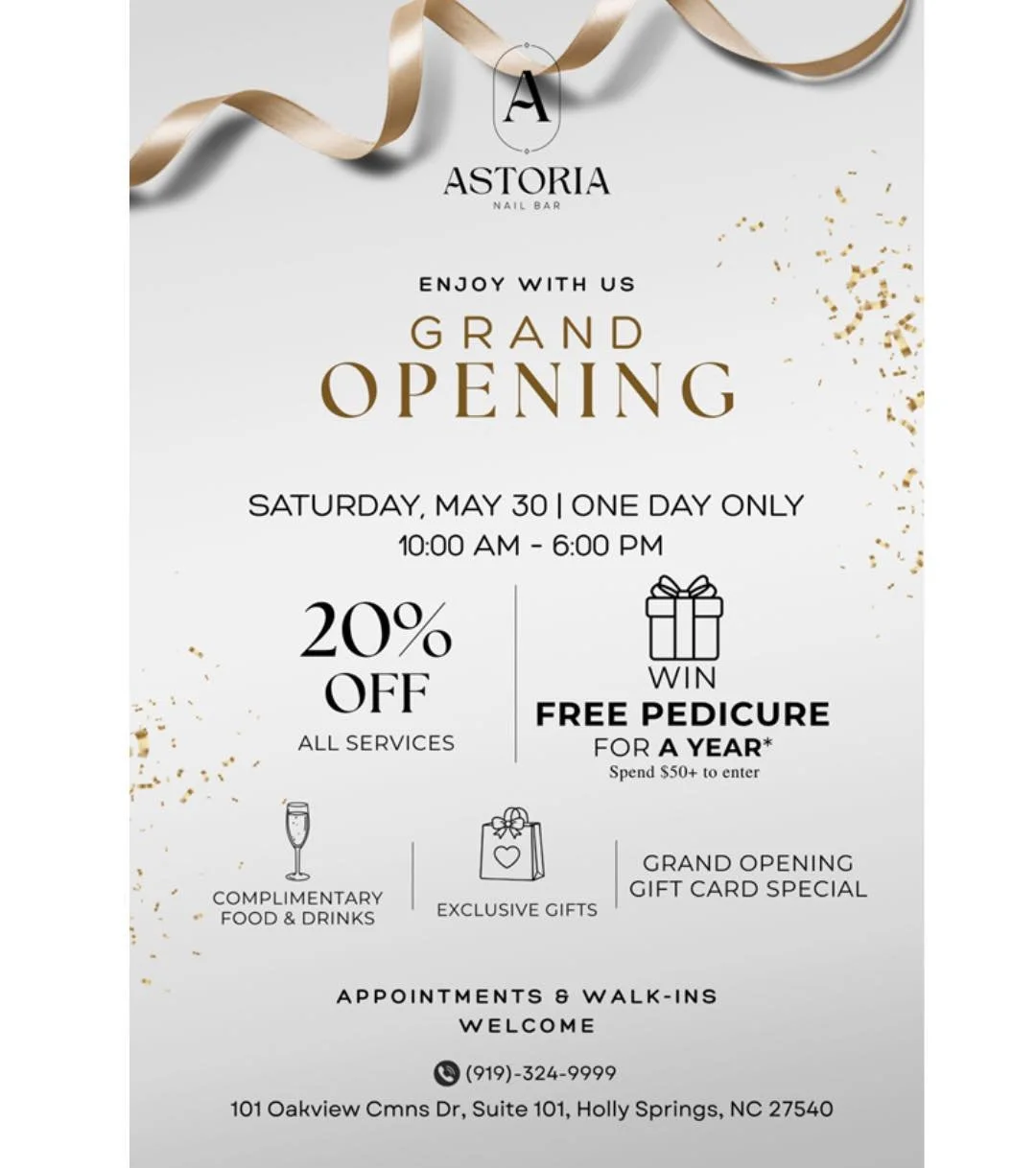 📣Grand Opening event - Astoria Nail Bar📣
✨Details 👇 ✨

astorianailbar.hollysprings
We&rsquo;re officially celebrating our Grand Opening &mdash; and you&rsquo;re invited! 🥂

Join us for a full day of luxury nails, complimentary drinks &amp; exclus