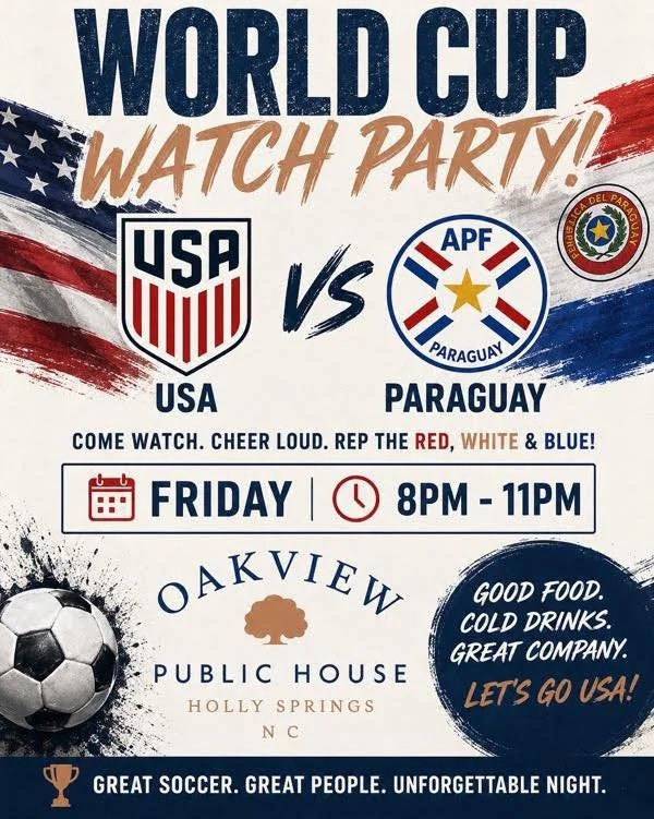 Are you looking for your local World Cup fan community? Make some new footballer friends at oakviewpublichouse World Cup Watch Party Friday. Cheer on the US team as they face Paraguay starting at 8pm! ⚽️🏟️

#oakviewcommons #oakviewcommonsnc #WorldCu