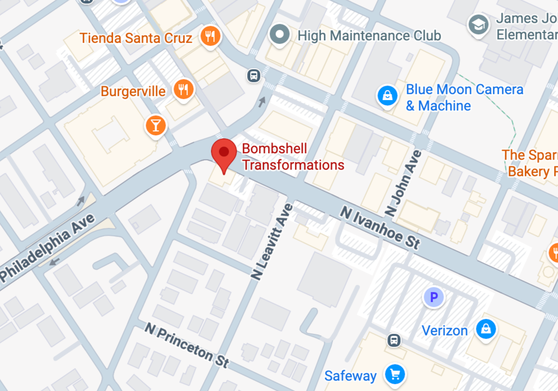 Map showing location of Bombshell Transformations on N Burlington Ave near N Ivanhoe St, across from Burgerville, near the USPS and Safeway, next to the St. Johns Bridge and close to downtown St. Johns.