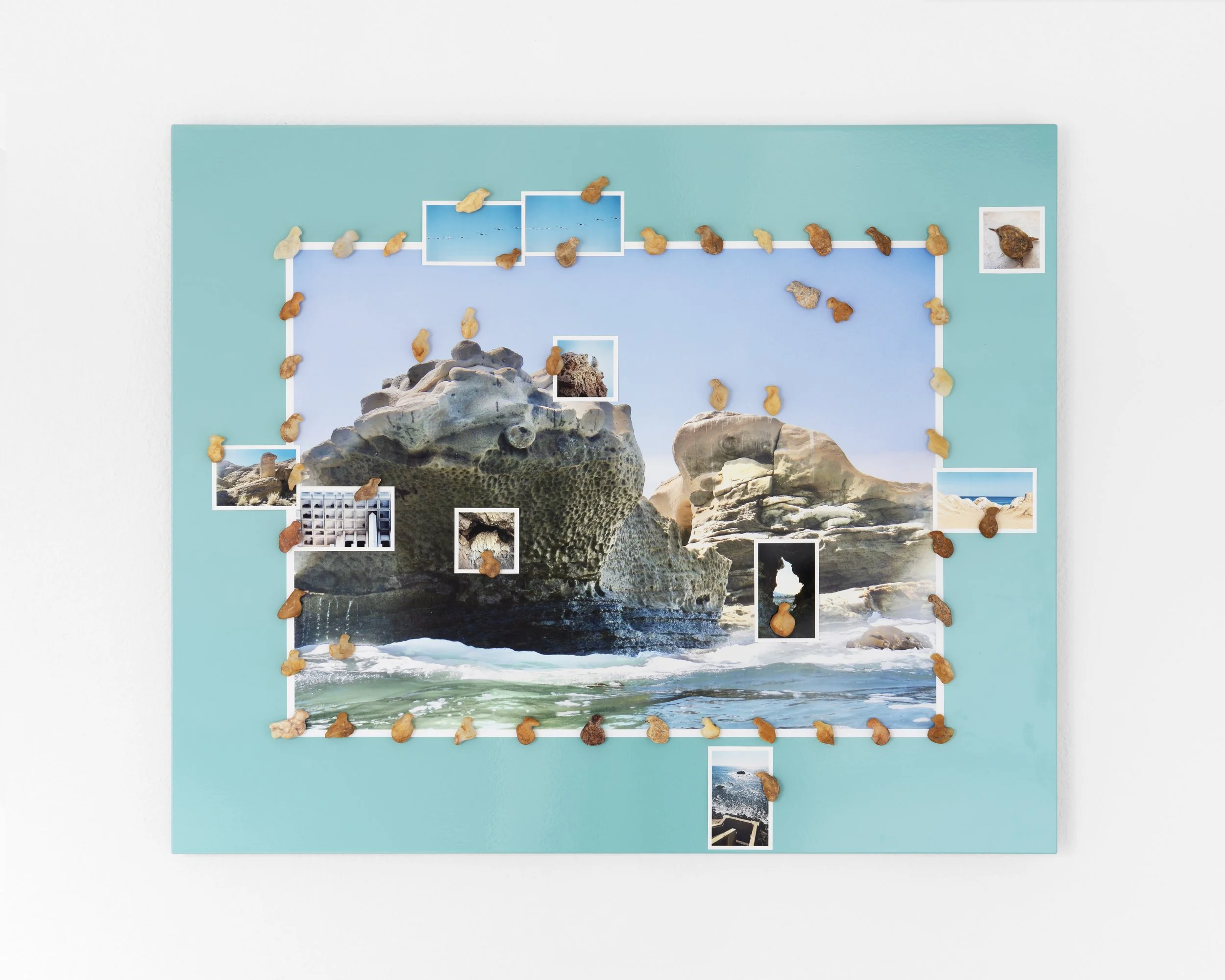 Roman de Salvo
 Magnetic Seafoam Birdstone Colony , 2024 
Inkjet print on Epson Exhibition Fiber, powder coated steel, carved and tumbled beach pebbles, rare earth magnets 
24 x 29 in.