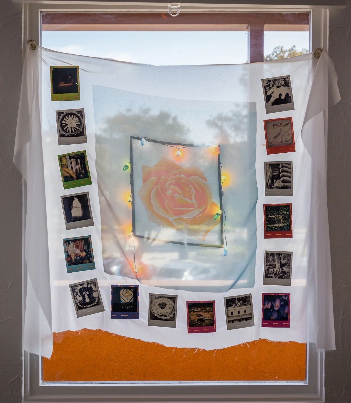 Becca Ford
 Untitled (For Now) , 2023
Photograph printed on chiffon, Polaroids, and embroidery thread
36 x 54 inches