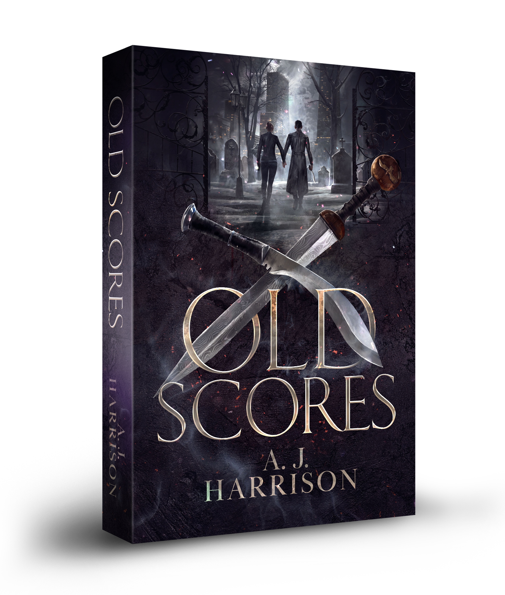 An three-dimensional image of the cover of Old Scores by A.J. Harrison.  It shows a couple walking into a graveyard hand in hand, only one of them casting a shadow, above a crossed Nepalese kukri knife and Roman gladius short sword.