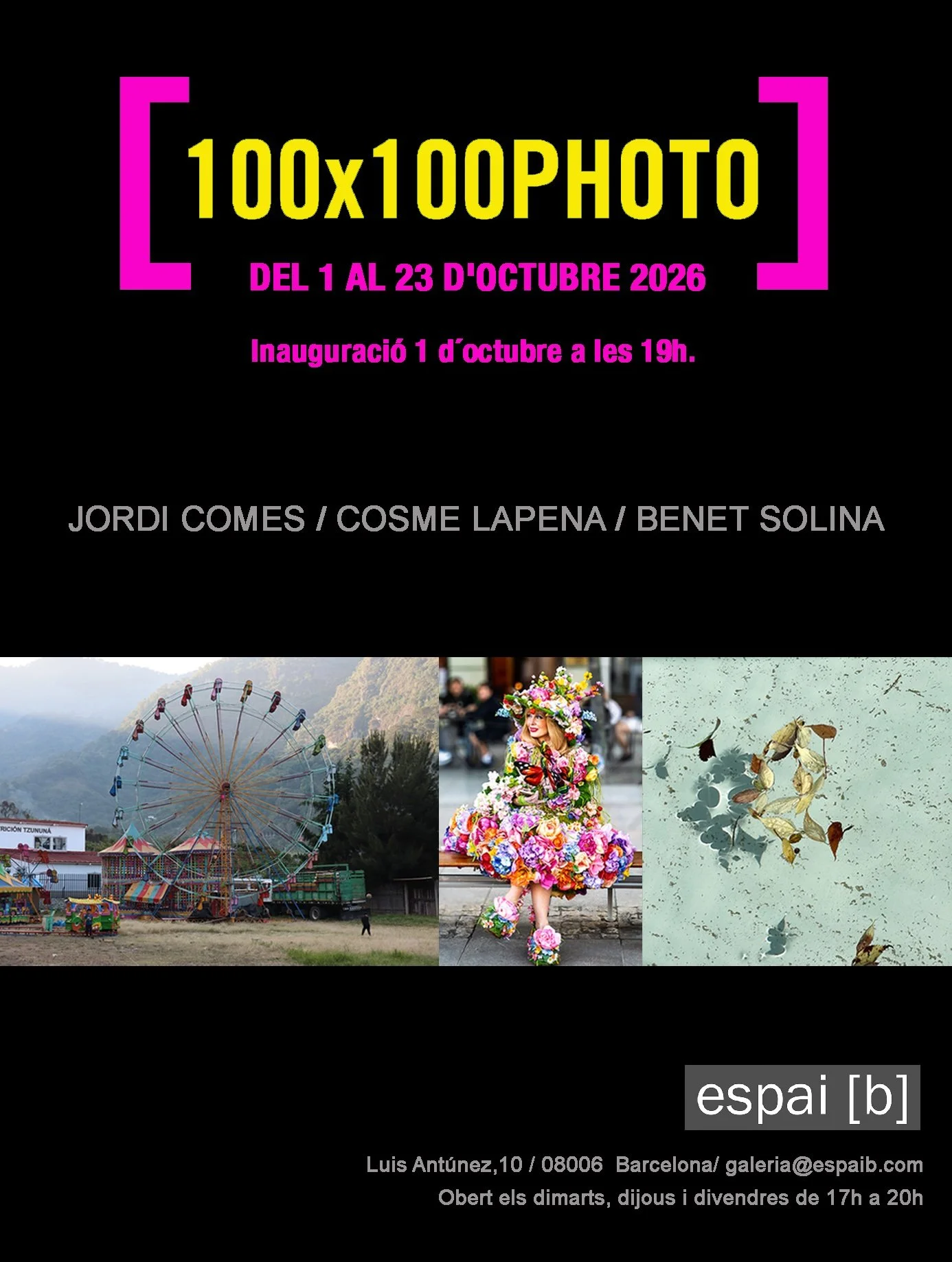Poster for 100x100PHOTO group exhibition at espai [b], Barcelona, 2026.