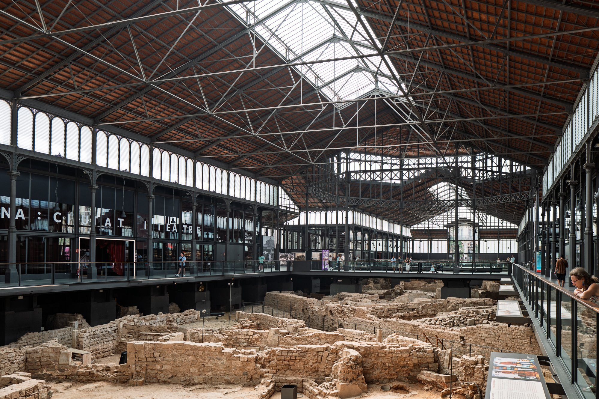 Mercat del Born ruins seen from the steel walkway above the excavation — Leica Q3