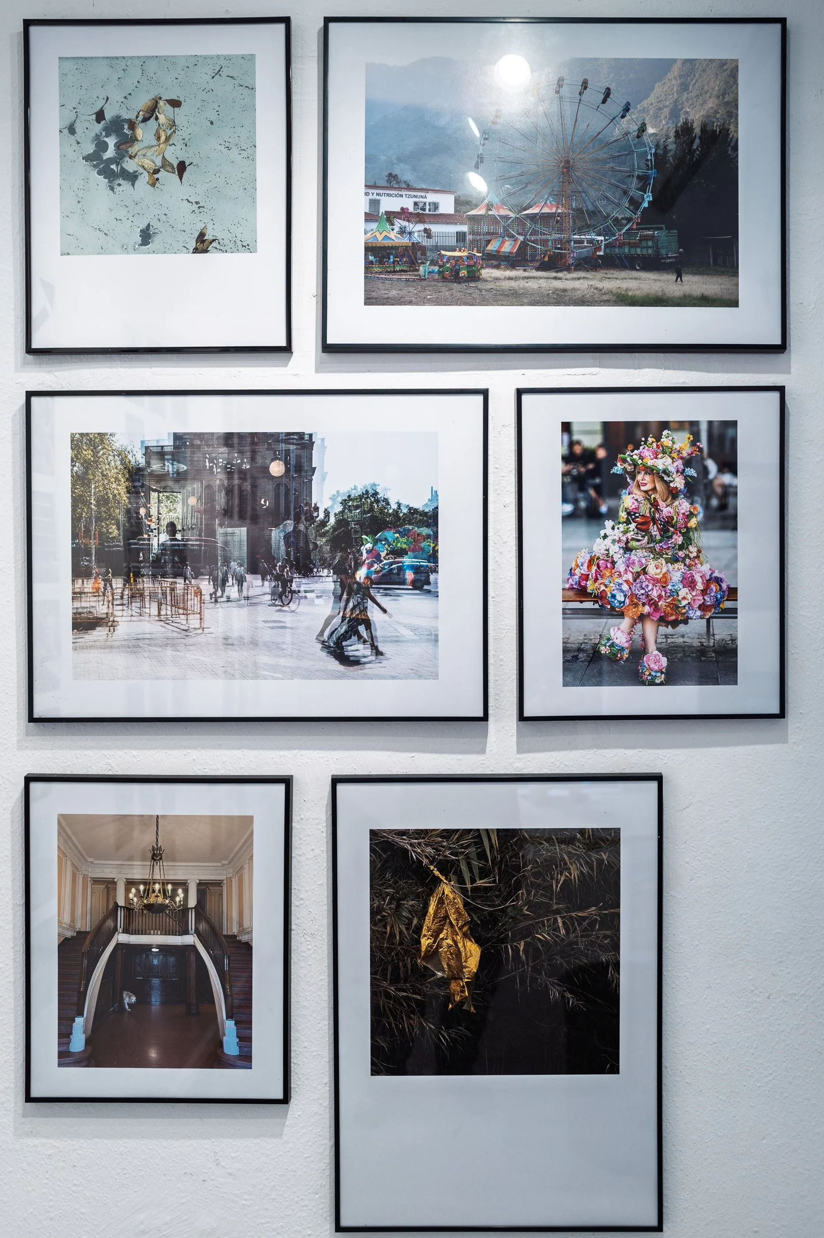 Six framed photographs on a white wall, a fairground wheel and a woman in flowers among them — Leica Q3