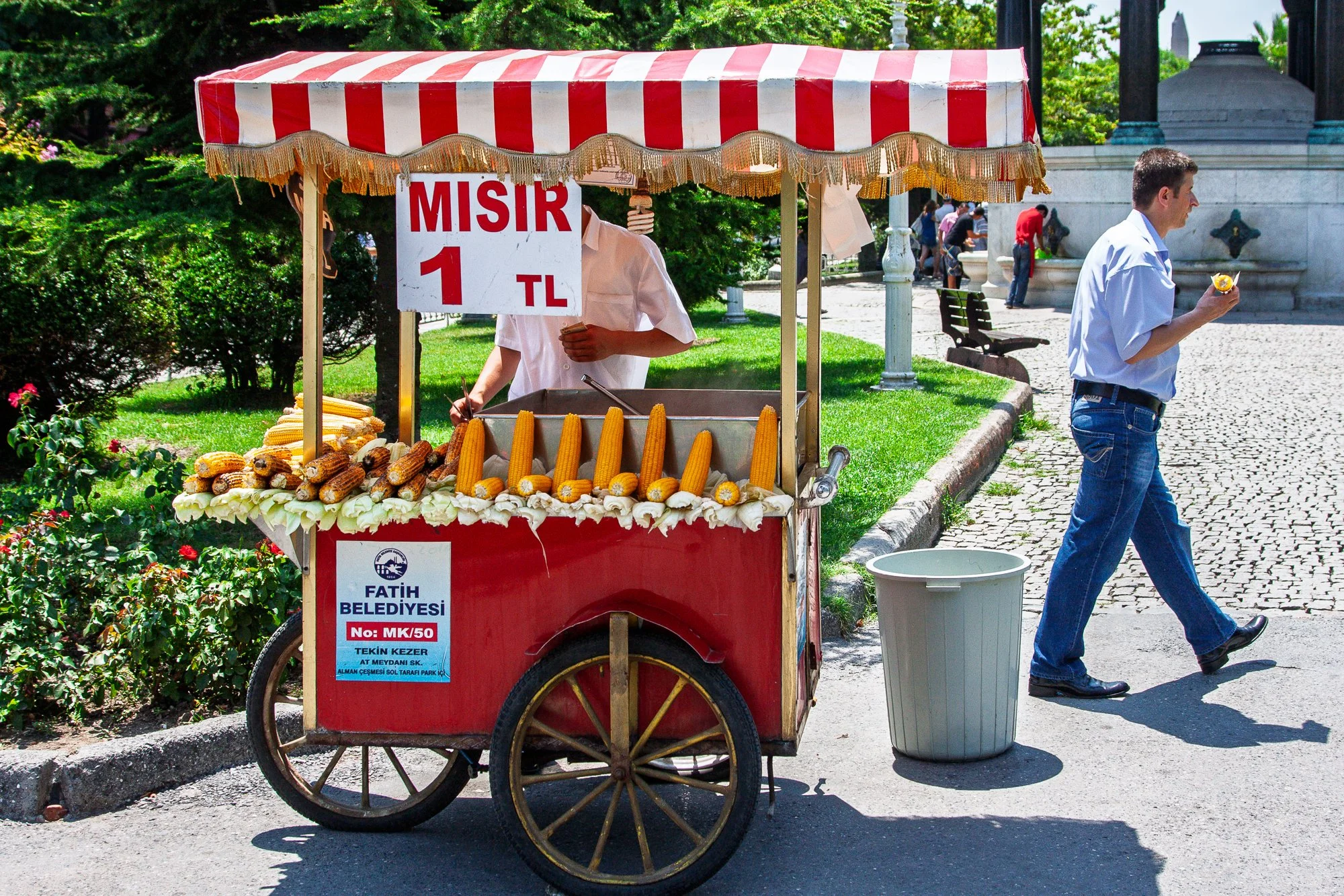 Corn vendor's cart with a red-and-white striped awning and a "MISIR 1 TL" sign, Istanbul — Canon EOS 40D
