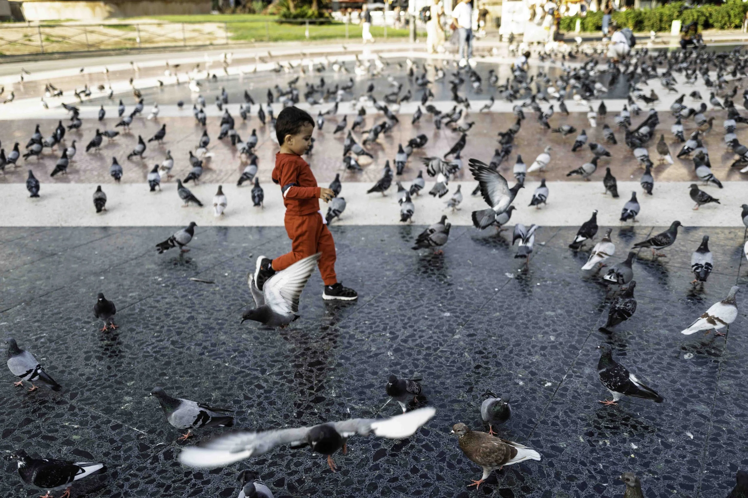Small child in a red tracksuit running through hundreds of pigeons on the marble floor of Plaça Catalunya Barcelona — Leica Q3
