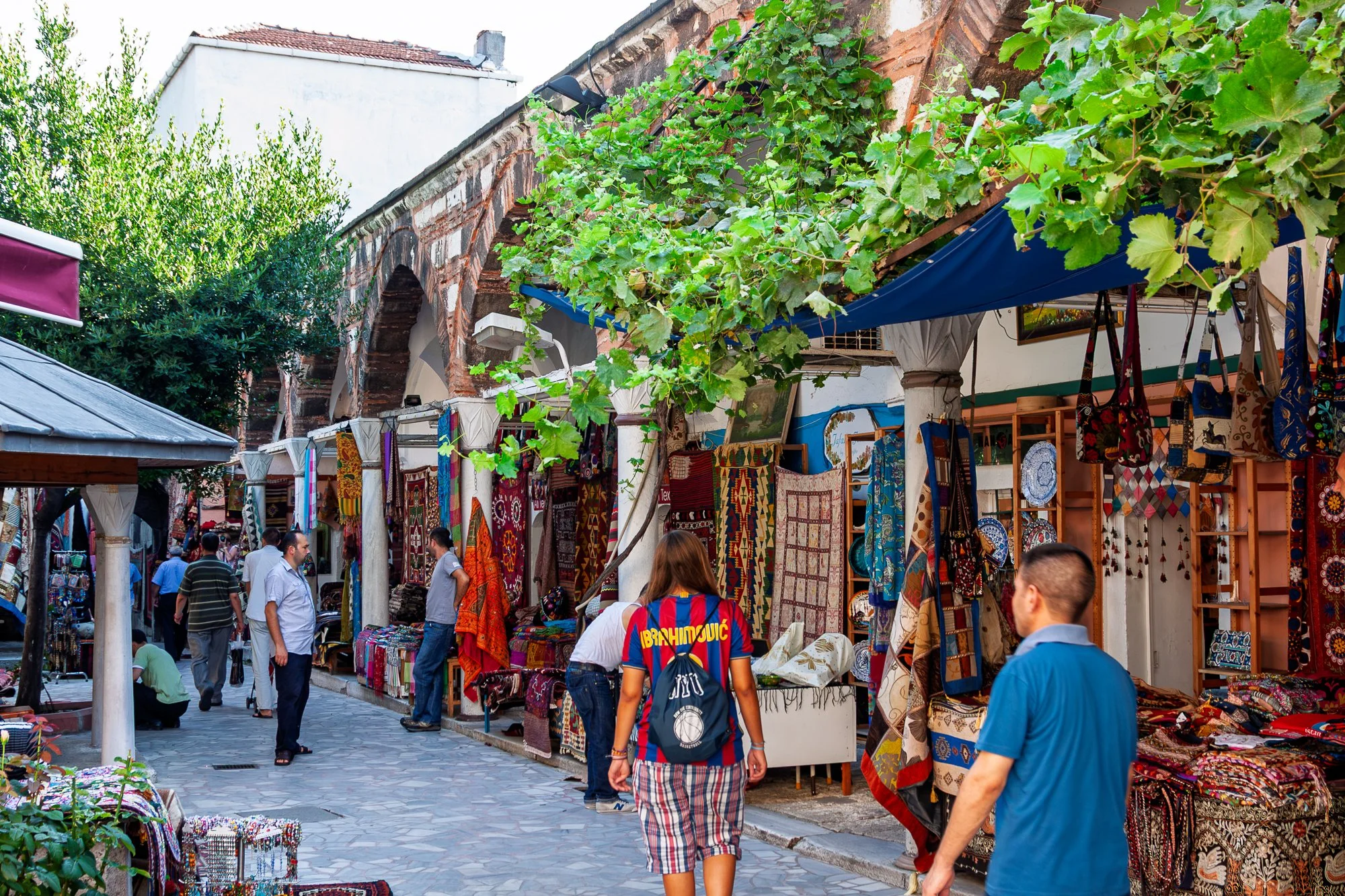 Grapevine over a quiet carpet courtyard behind the Grand Bazaar arcades, Istanbul — Canon EOS 40D