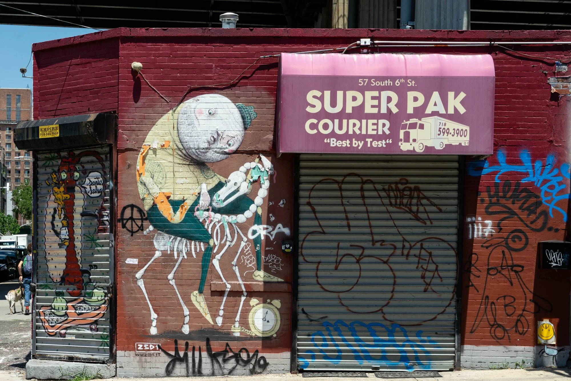 Super Pak Courier shop with ZED1 street art mural, South 6th Street, Williamsburg — Sony a7II
