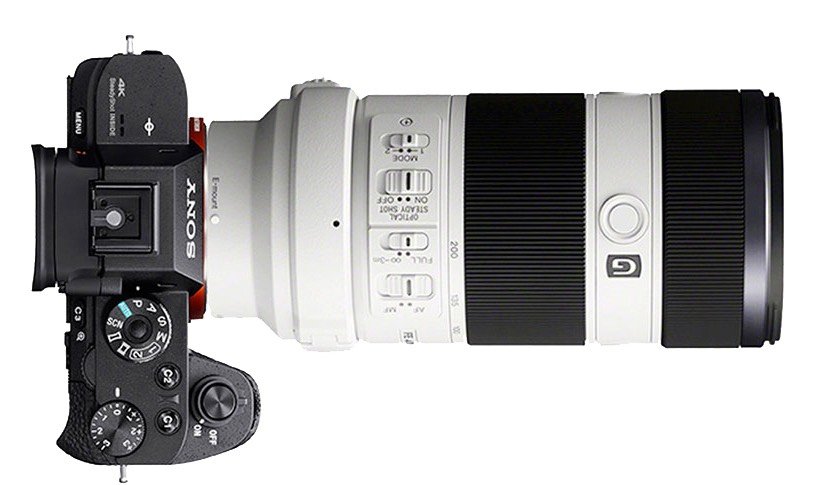 A professional white Sony 70-200mm zoom camera lens attached to a black Sony a7R camera body.