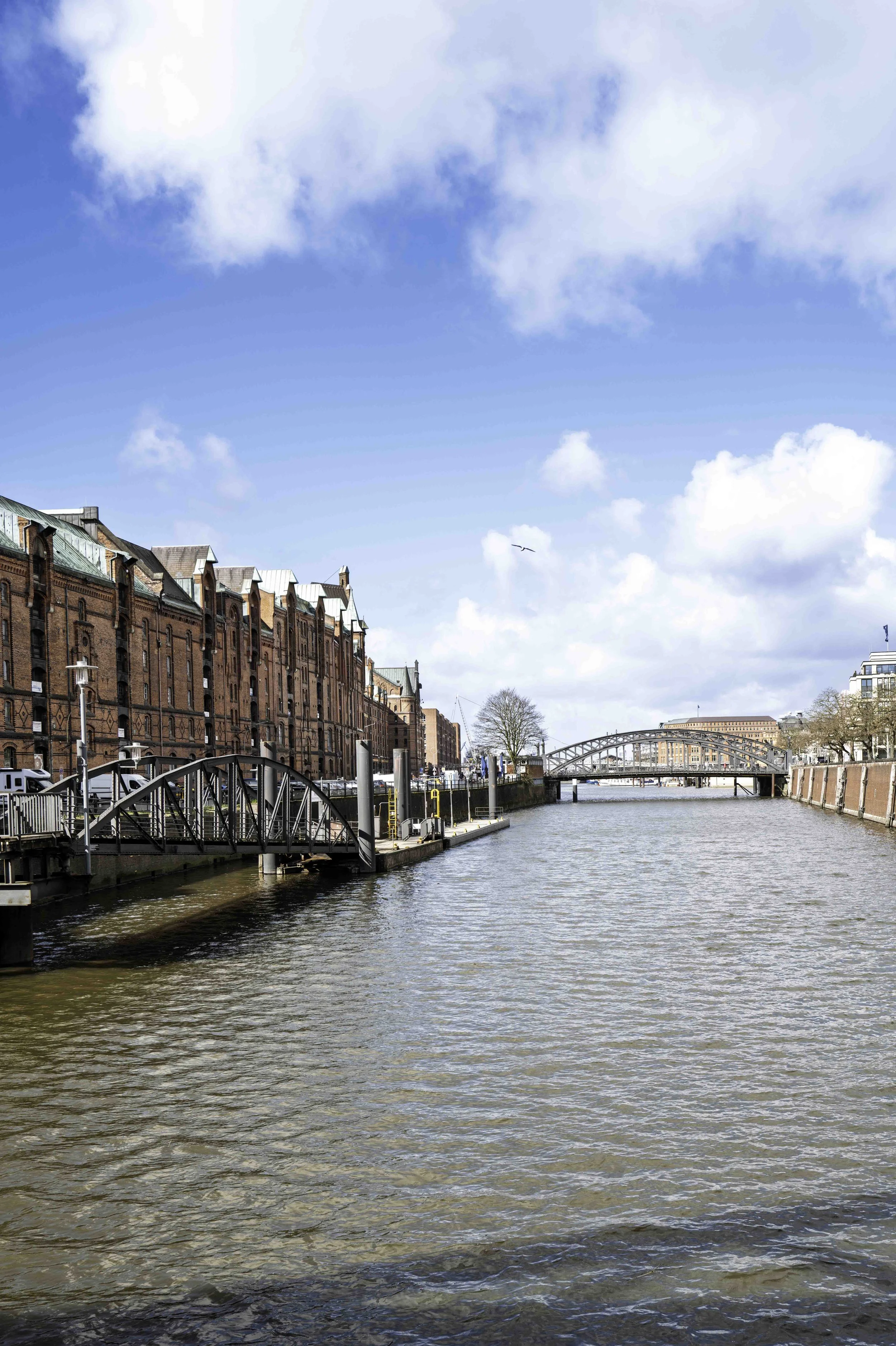 Two steel bridges in perspective along Hamburg Speicherstadt canal, seagull in flight, blue sky — Leica Q3