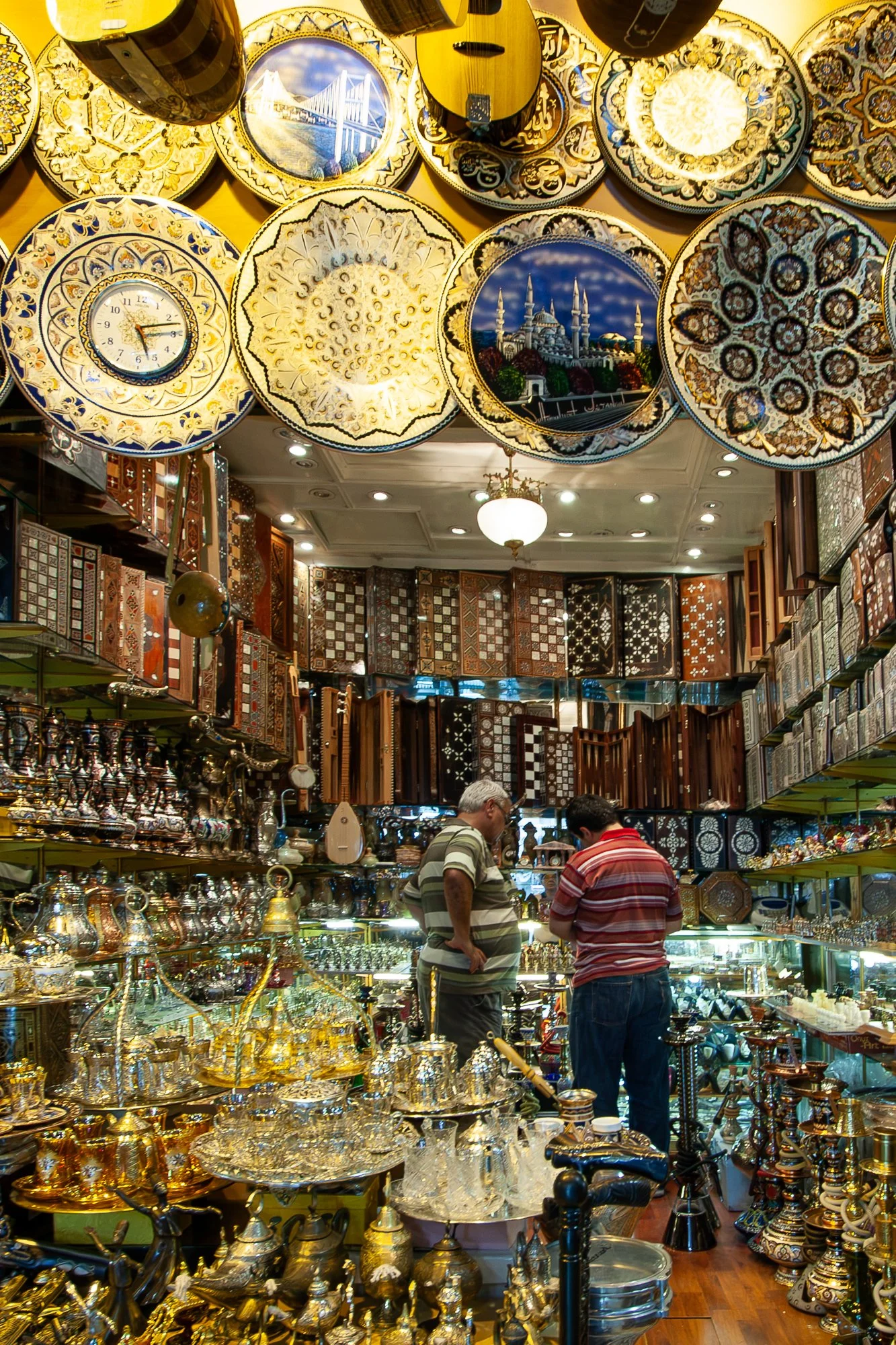 Ceramic plates hung across the ceiling of a metalware shop in the Grand Bazaar, Istanbul — Canon EOS 40D