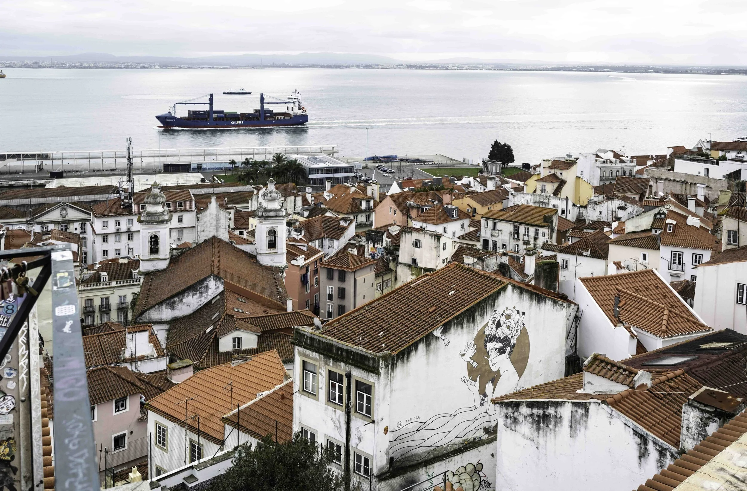 Alfama rooftops with street art mural and cargo ship on the Tagus river, Lisbon — Leica Q3