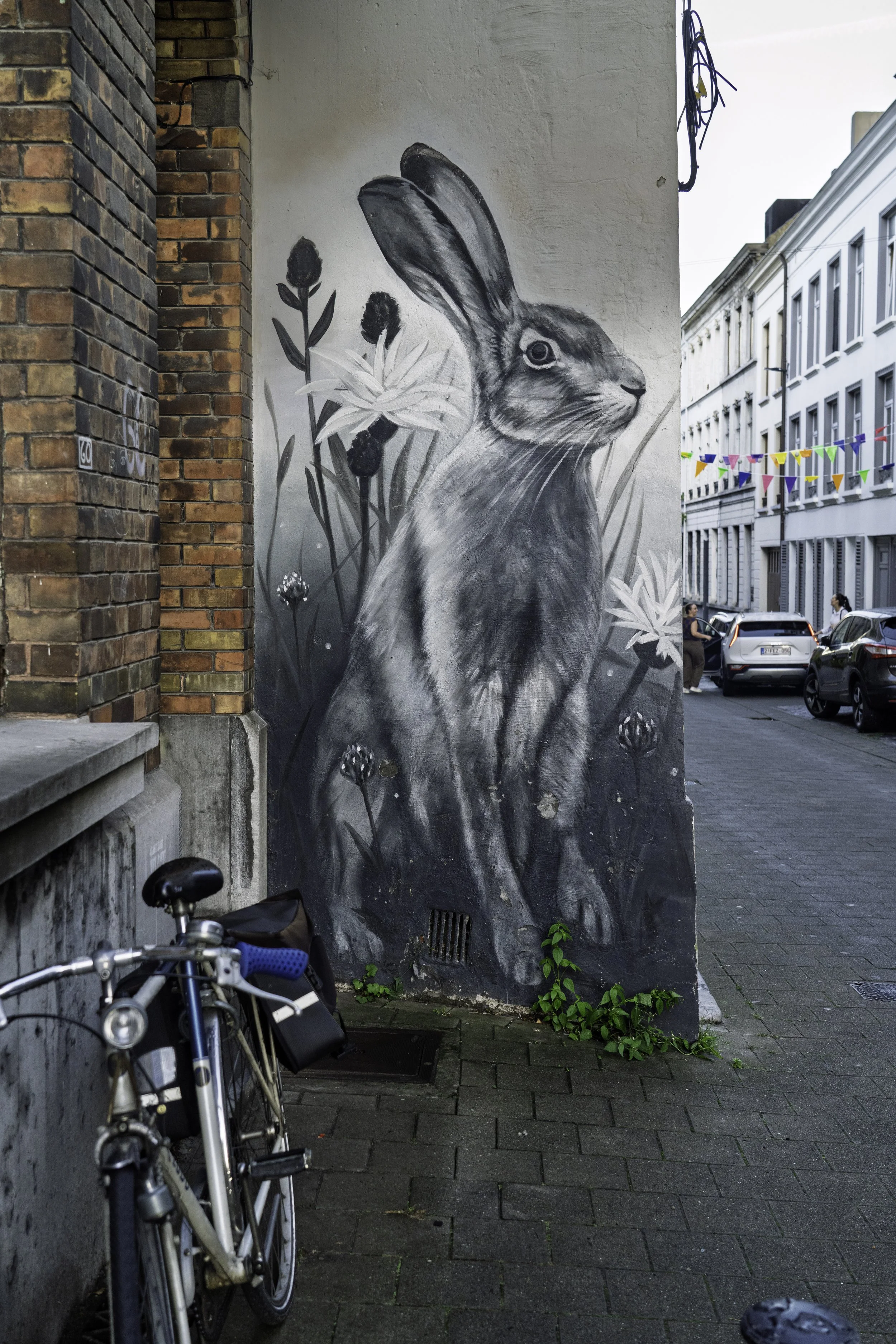 Black and white rabbit mural painted on a brick building corner in Ghent, with a bicycle parked below and a street with colourful bunting in the background — bCLPhoto