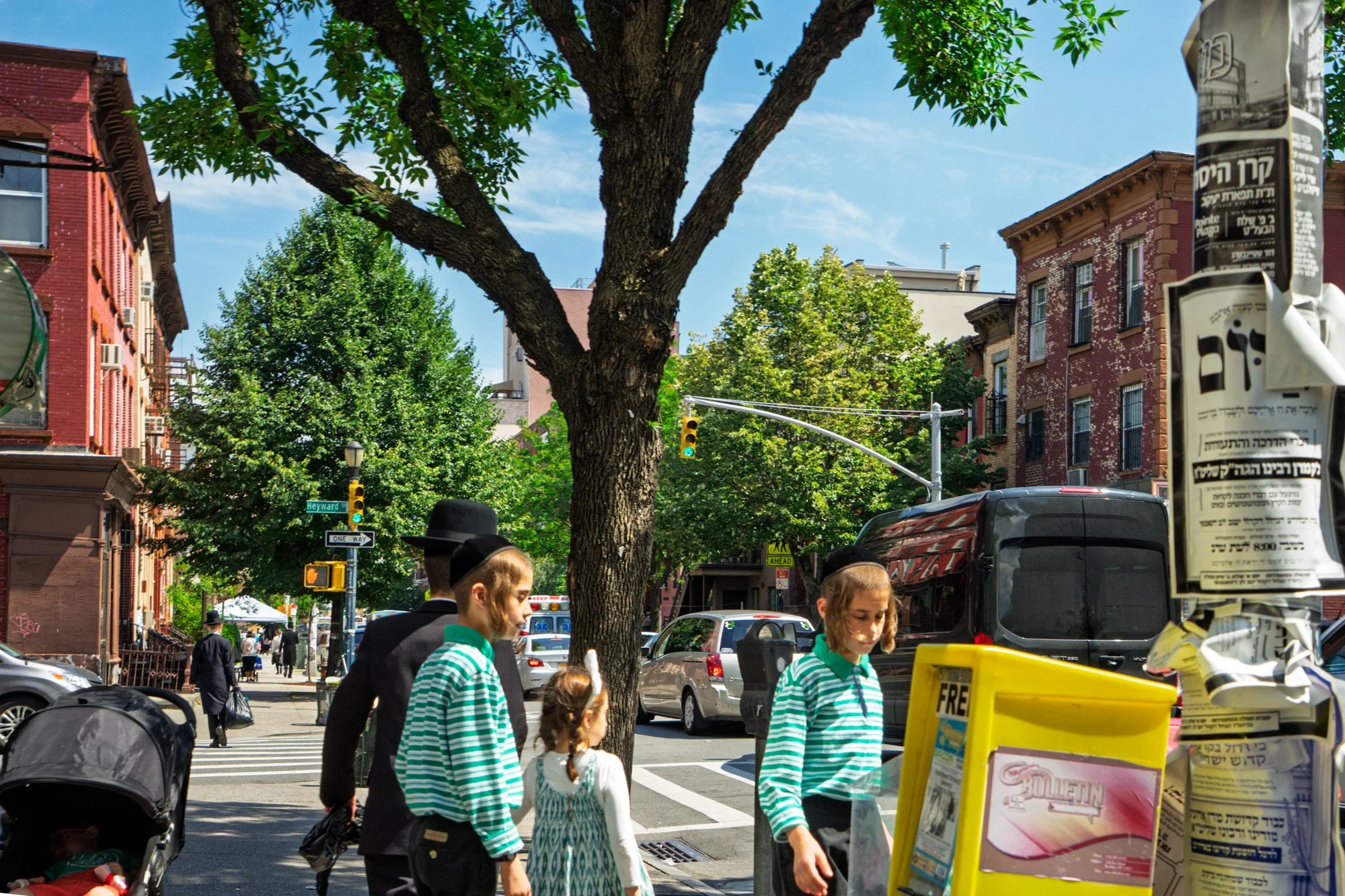 Hasidic children in green striped shirts crossing Hayward Street, South Williamsburg Brooklyn — Sony a7II