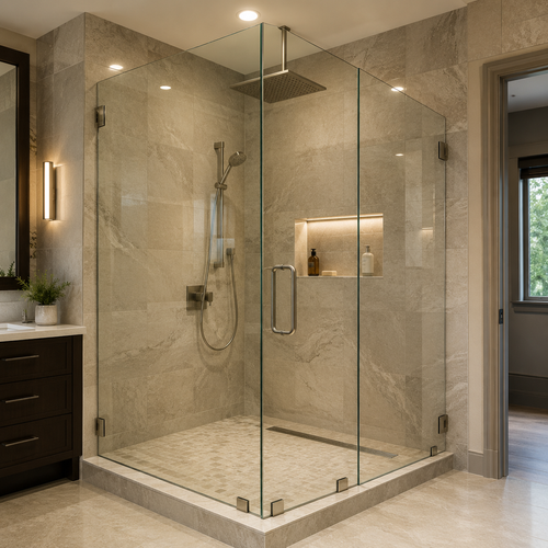 modern frameless shower door with thick glass