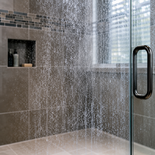 shower glass fogged with hard water mineral stains
