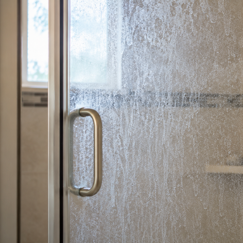 white glass shower door with cloudy mineral buildup