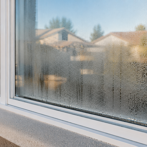 double-pane window with fog trapped between glass panes