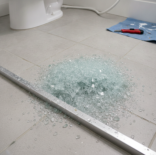 Tempered glass pane shattering into small dull chunks