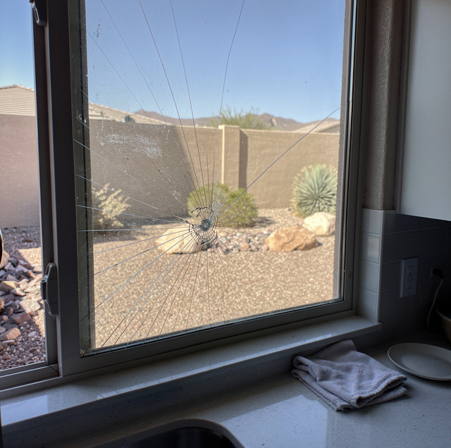 A cracked window looking out at a desert landscape with mountains, cacti, and rocks.