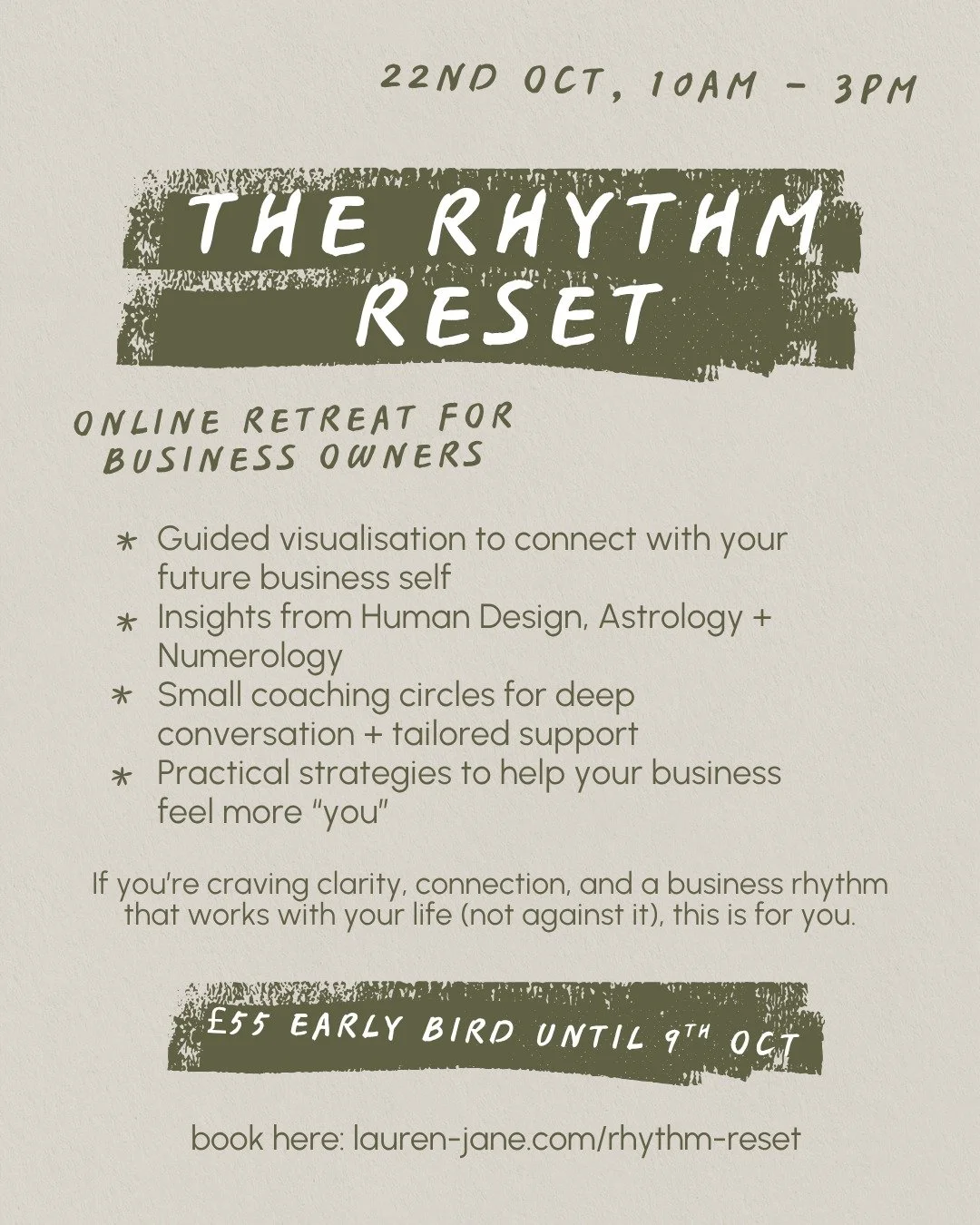 Join Me + @iamlauren_jane for The Rhythm Reset! 🍂✨

As Autumn unfolds, it's the perfect time to reconnect with your vision, values, and voice. 

You can expect an inspiring online day retreat designed for business owners like you.

This retreat isn&