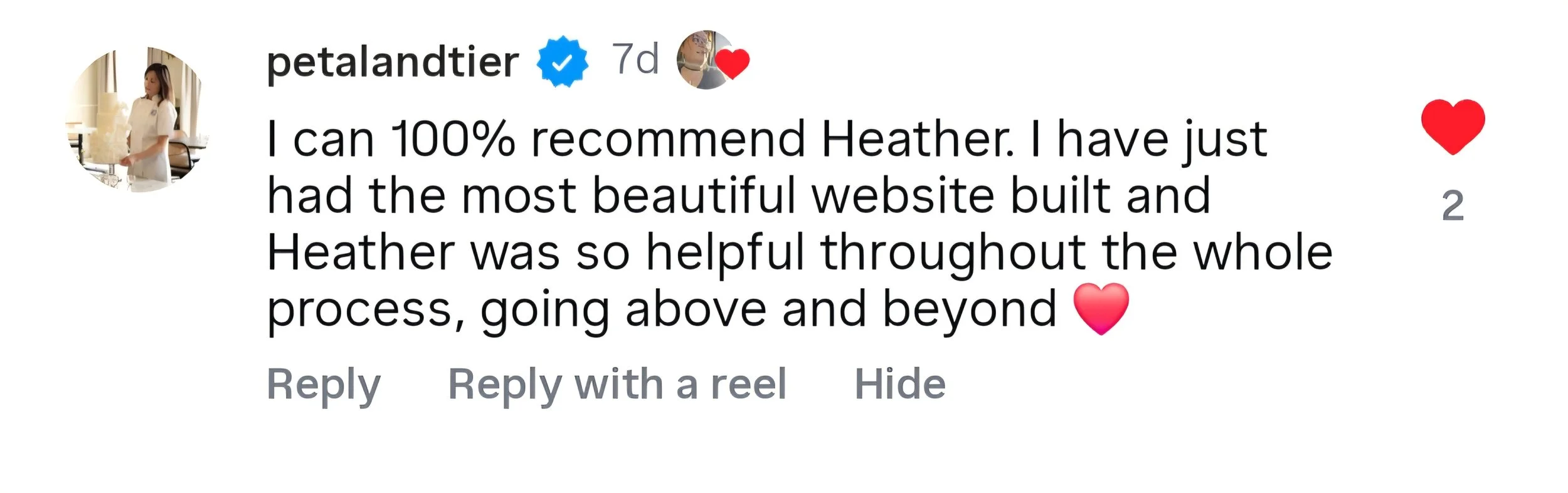 A user review from petalandtier praising Heather for her helpfulness with building a website, accompanied by text and icons of hearts.