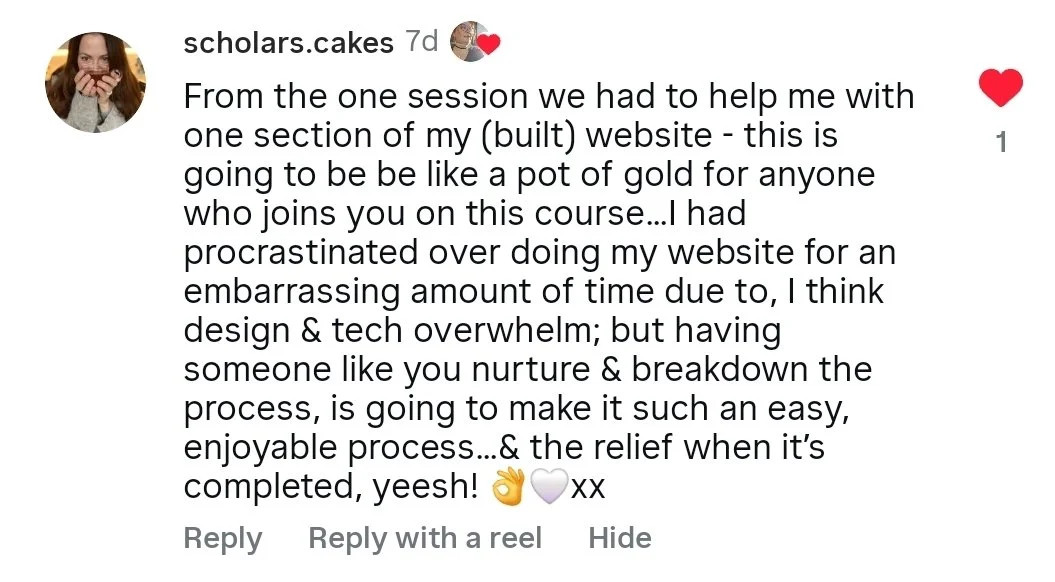 A social media post by user scholars.cakes. The post includes a profile picture of a woman with long brown hair, holding her hands near her face. The caption talks about a successful website-building session, mentioning feeling like a pot of gold for course participants, and expresses gratitude for the support received. The post is decorated with red hearts, an OK hand emoji, and a purple heart emoji.