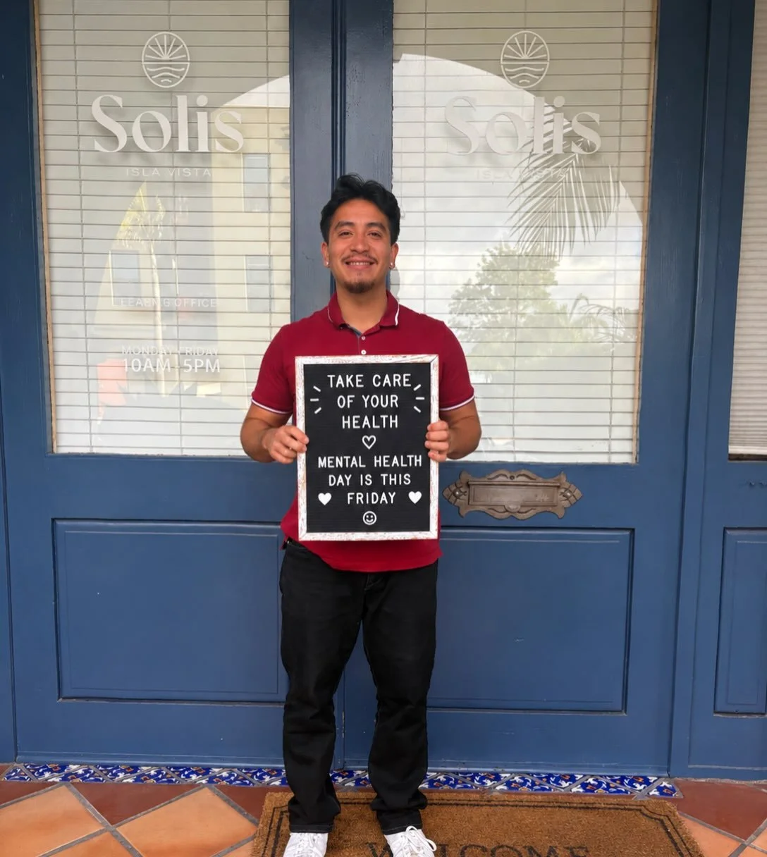 In observance of Mental Health Day, our Solis Isla Vista office will be CLOSED this Friday to take time to recharge and prioritize well-being. 🫶🏼

We&rsquo;ll be back to our regular business hours on Monday! ☀️

#SolisIslaVista #MentalHealthMatters
