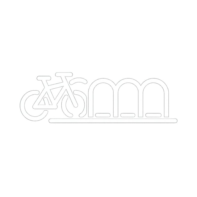 A white bicycle icon next to a row of four white bike racks on a black background.