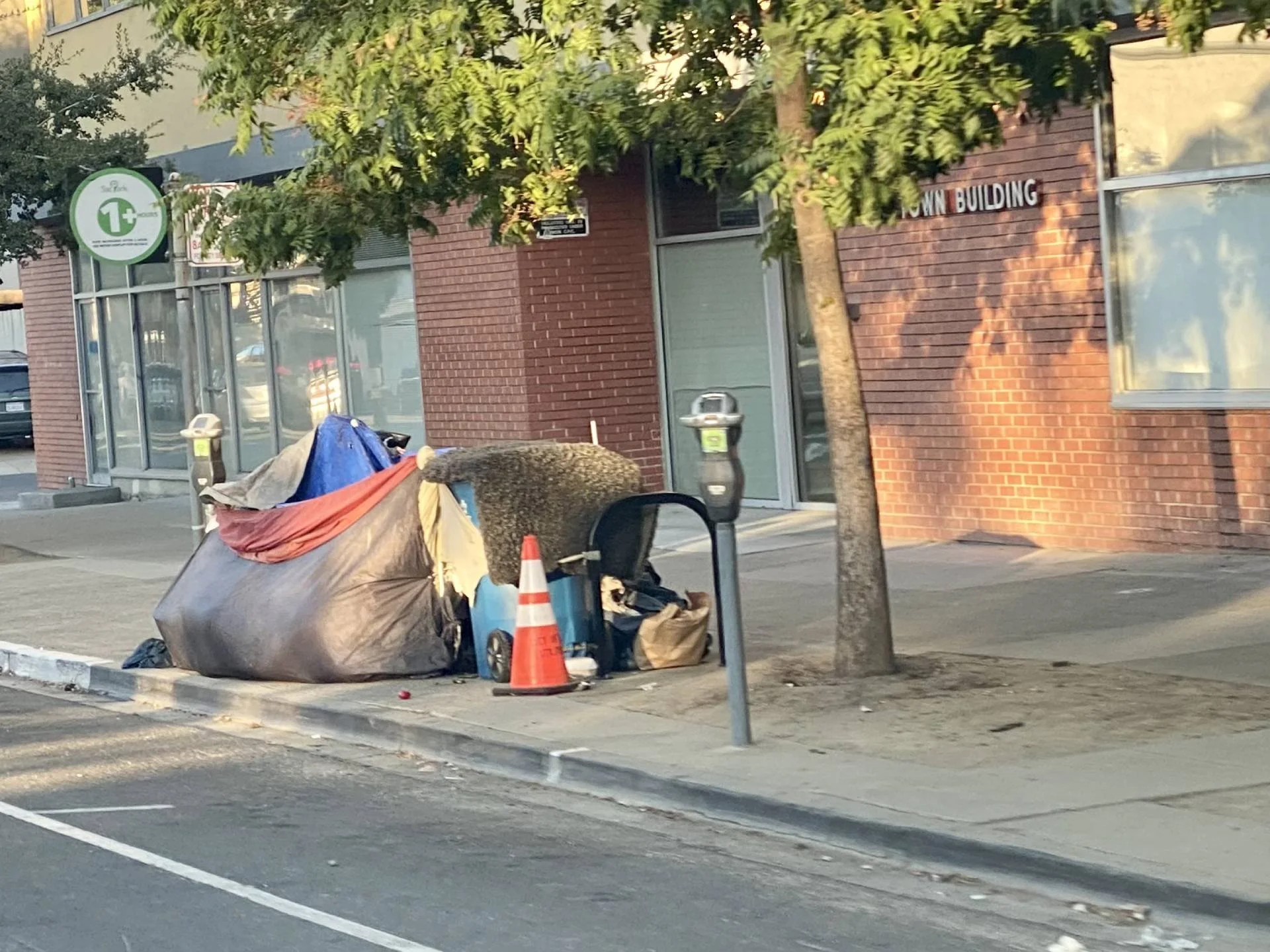 A pile of trash including a large black trash bag, a blue tarp, a small orange traffic cone, and miscellaneous items on the sidewalk next to a tree and parking meters in front of a brick building with large windows.
