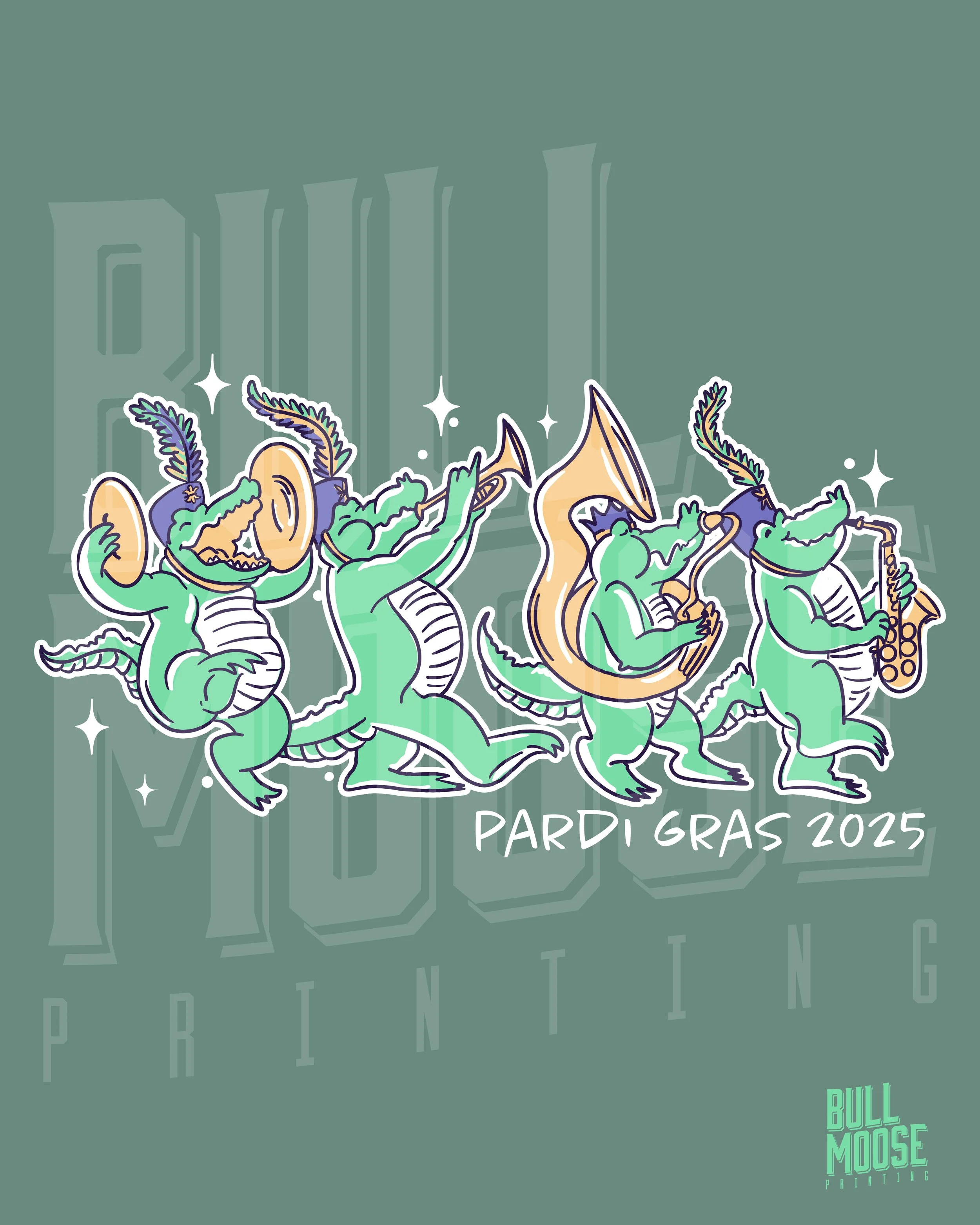 Cartoon-style musical alligators dressed in Mardi Gras costumes playing instruments during Pardi Gras 2025 event.