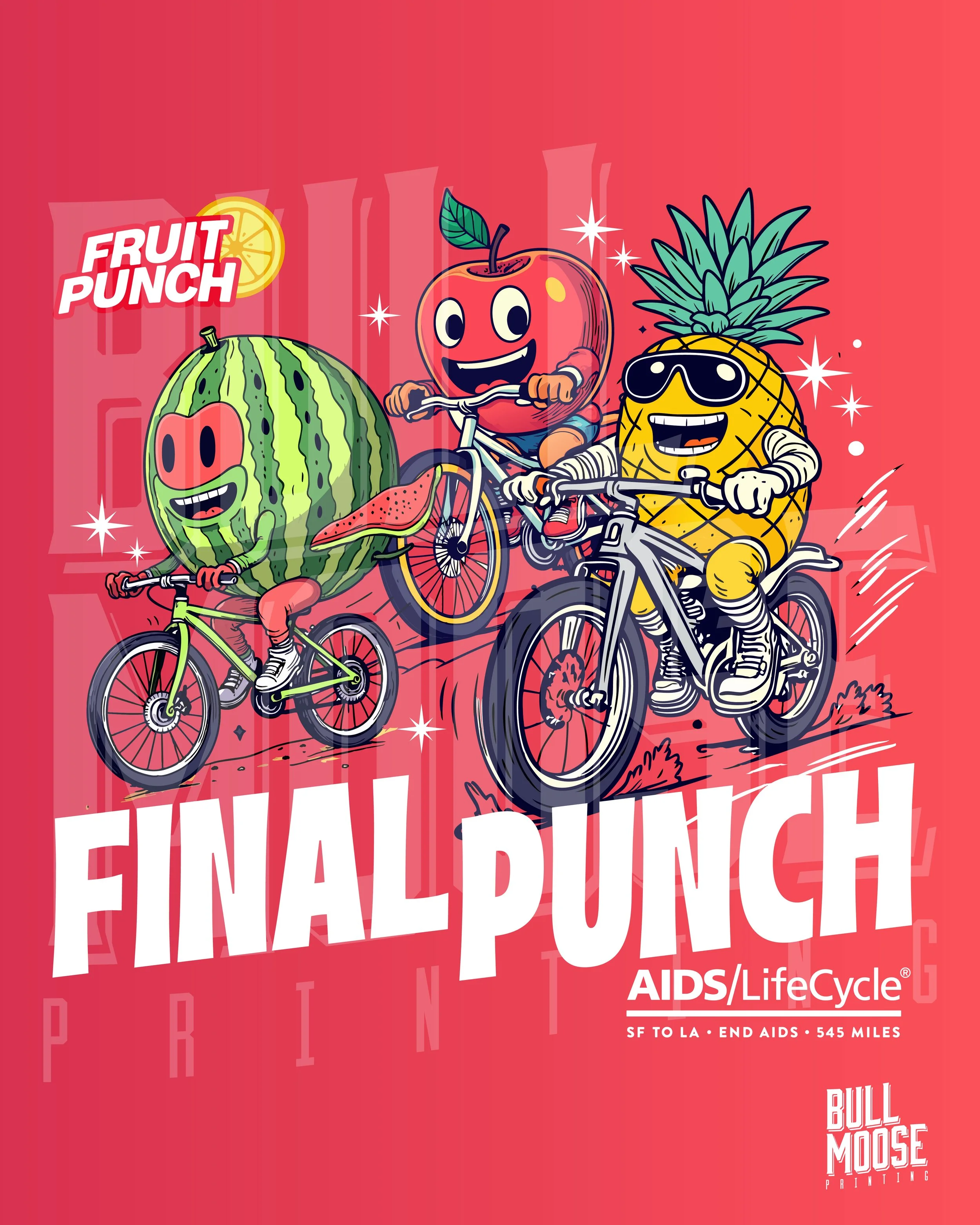 Colorful cartoon characters of a watermelon, an apple, and a pineapple riding bicycles, with the text "FINAL PUNCH AIDS/LifeCycle" on a pink background.