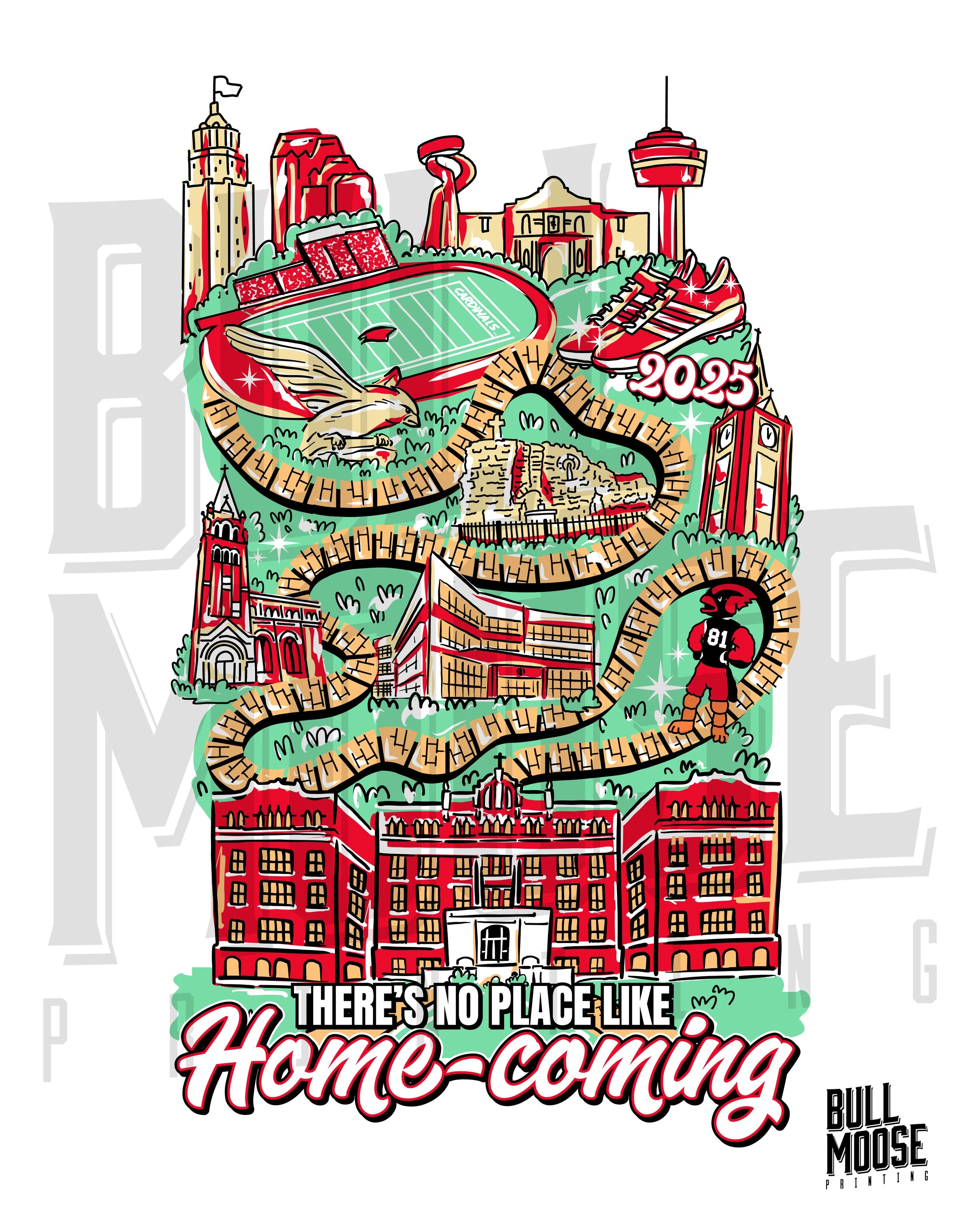 Illustration of a cityscape with landmarks, a stadium, a football, and a running track, featuring the text 'There's No Place Like Home-coming' and the year 2025.