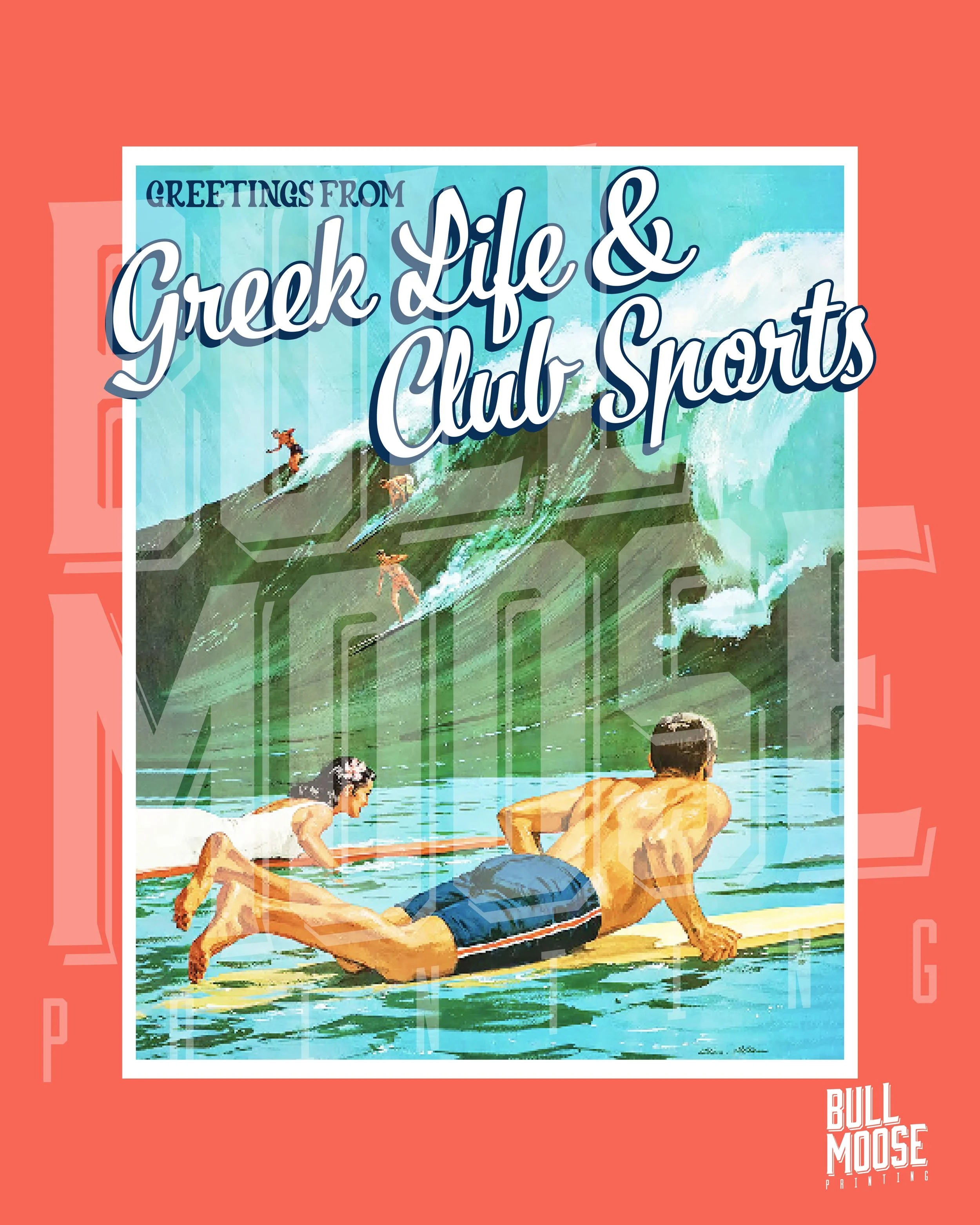 Vintage style poster of people surfing on a wave, with a boy on a surfboard in the water and others riding wave behind him.