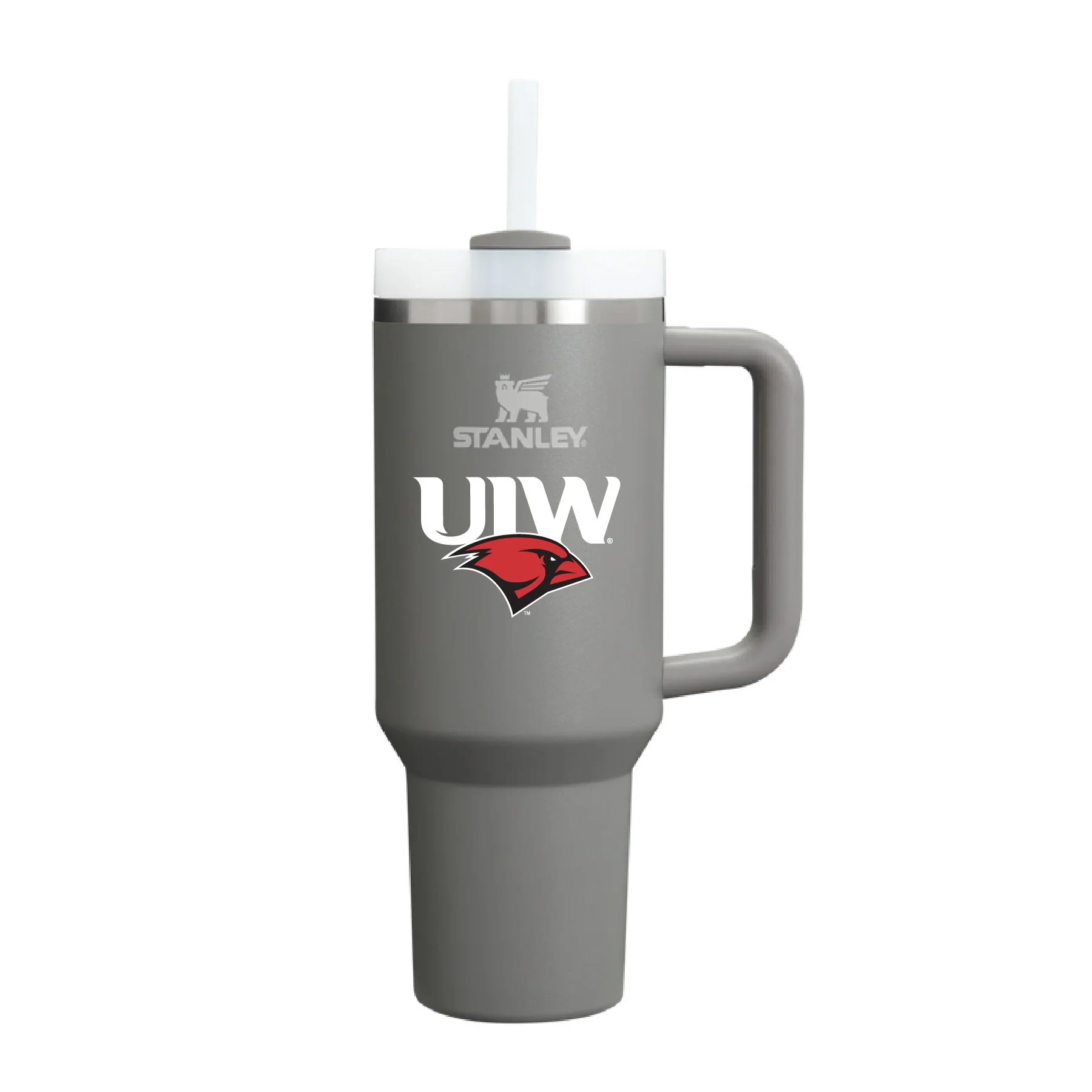 Gray Stanley travel mug with University of Wisconsin-Madison logo and mascot, featuring a white lid and straw