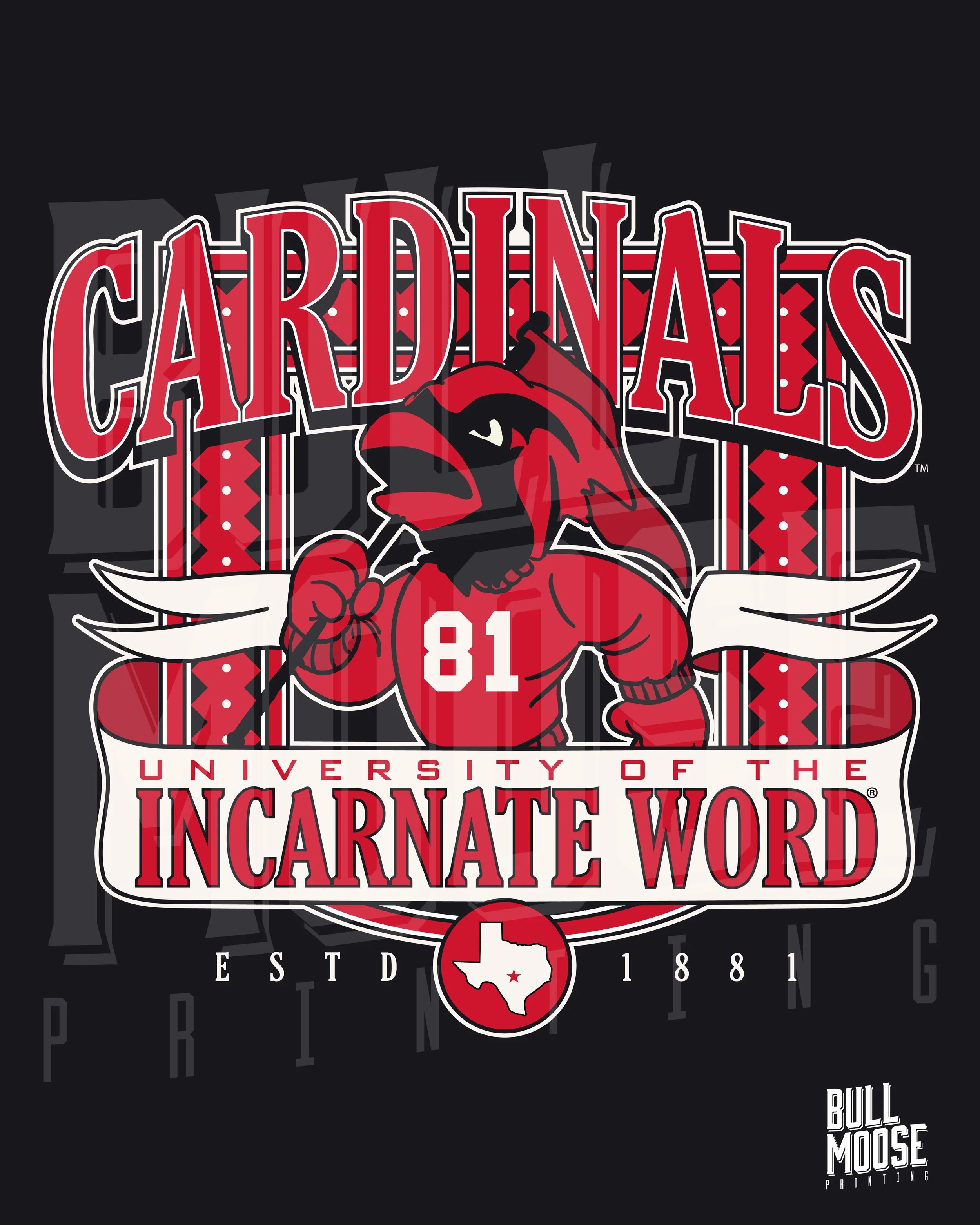 Graphic design of a red cardinal mascot wearing a red hoodie with the number 81, holding a finger to its beak, with banners and text celebrating the University of Texas and the Cardinal's nickname, 'Incarnate Word,' with a silhouette of Texas and the