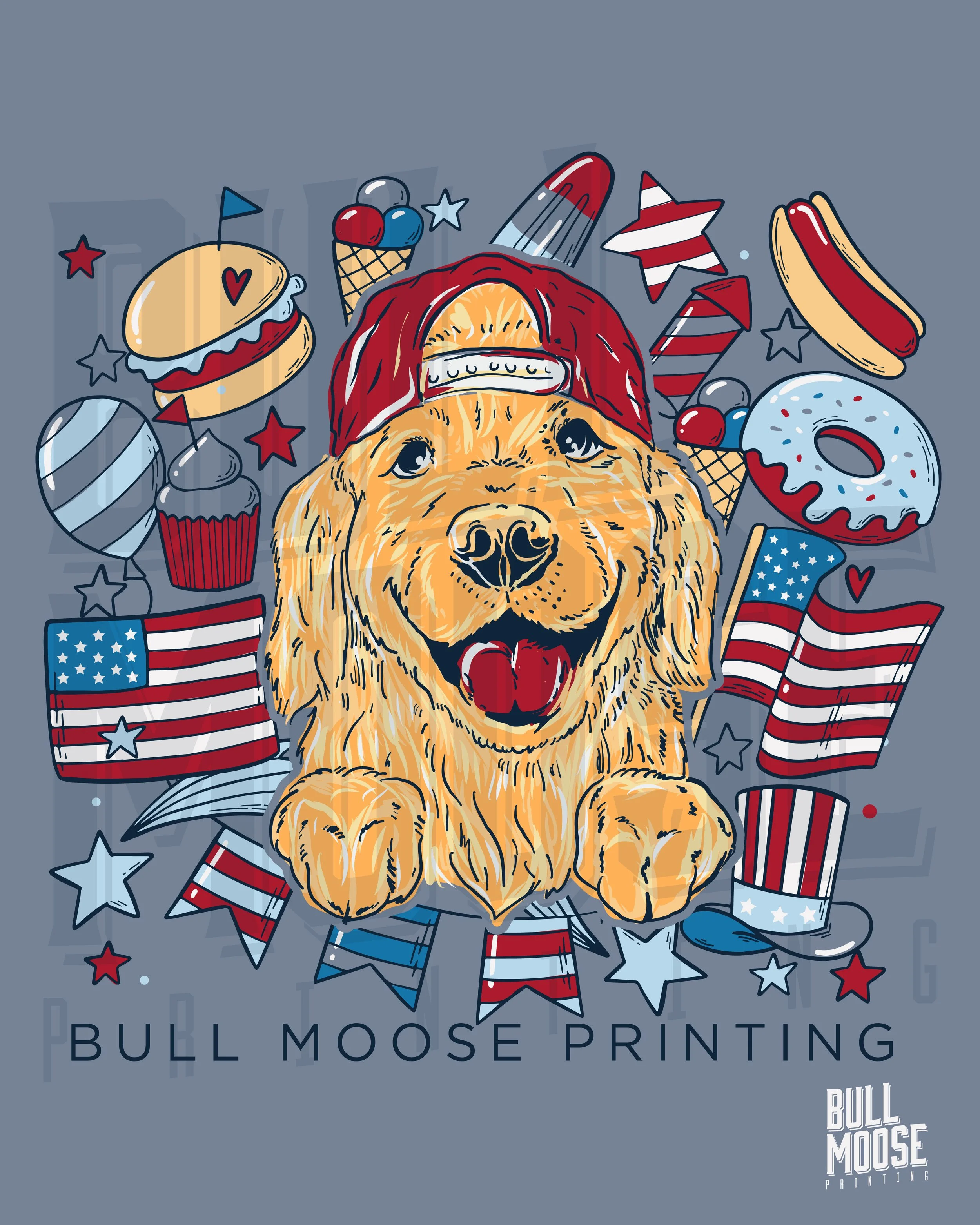 Illustration of a happy golden retriever puppy wearing a red cap, surrounded by patriotic American-themed items such as flags, stars, and fireworks, with various carnival and dessert images like hot dogs, ice cream, donuts, cupcakes, and balloons, wi