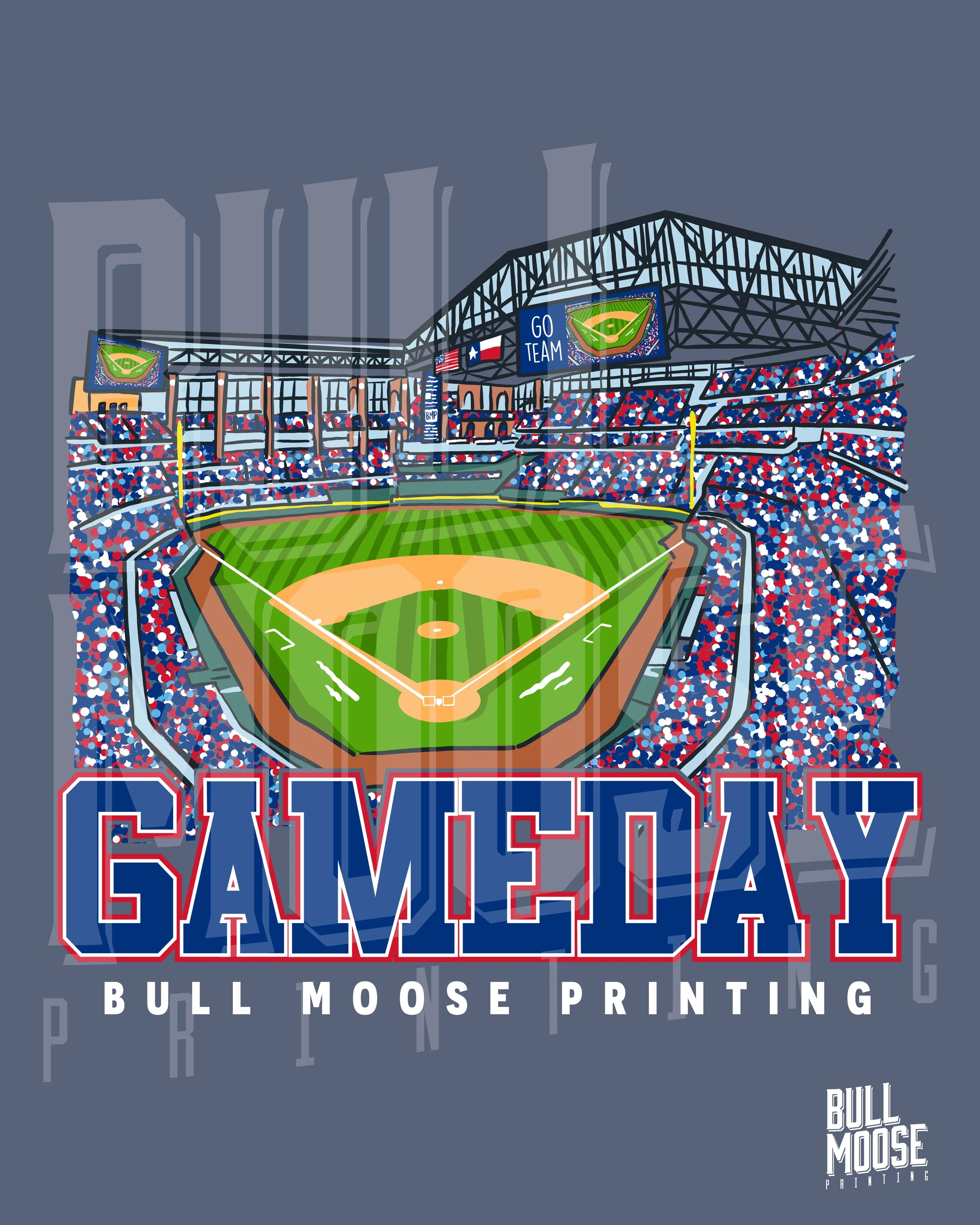 Illustration of a baseball stadium filled with fans, with a large sign saying 'Game Day' and the words 'Bull Moose Printing' at the bottom.