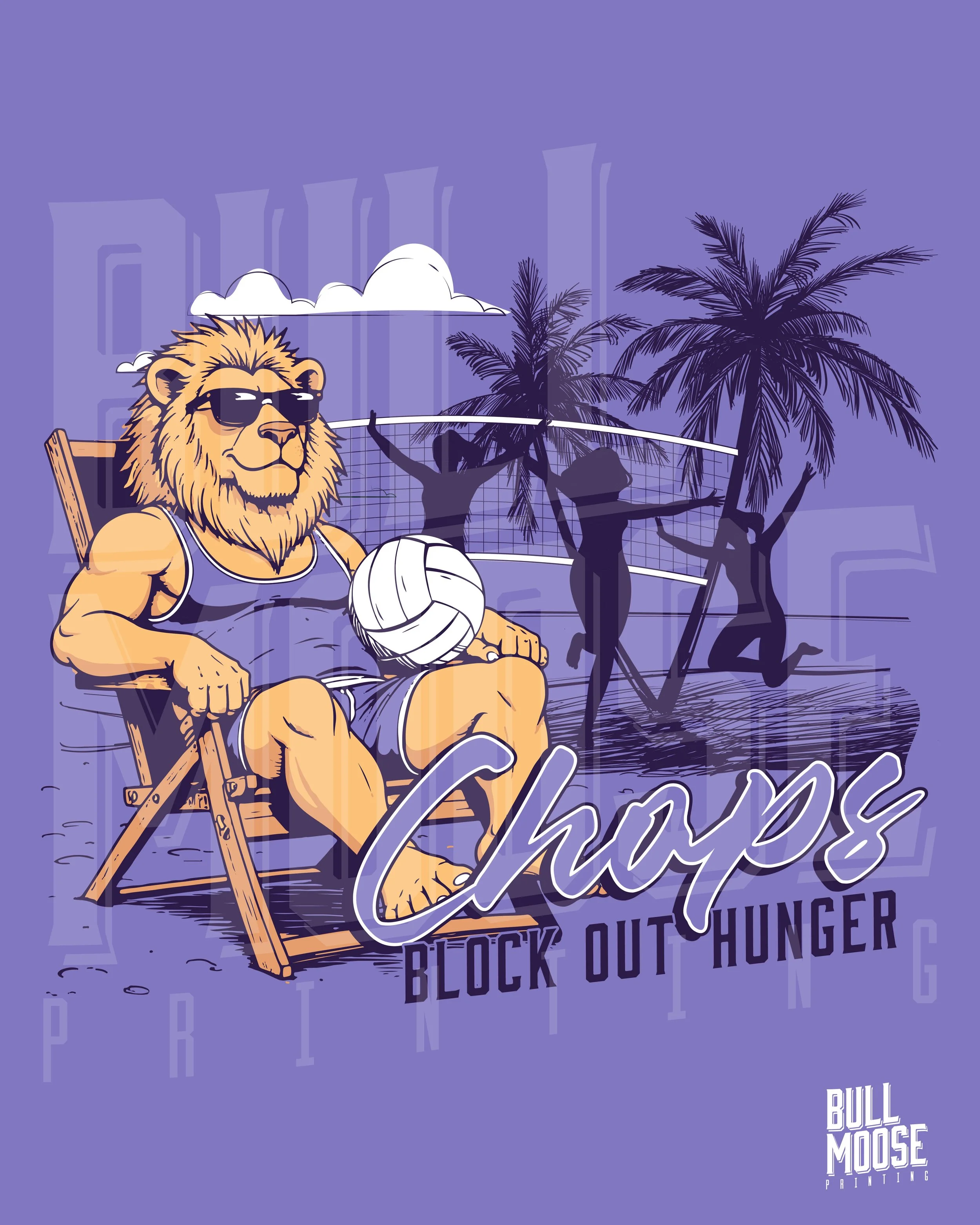 A cartoon illustration of a lion with sunglasses relaxing on a beach chair, holding a volleyball. In the background, there are silhouettes of people playing beach volleyball near palm trees. The text says 'Chaps' with the slogan 'Block Out Hunger' an