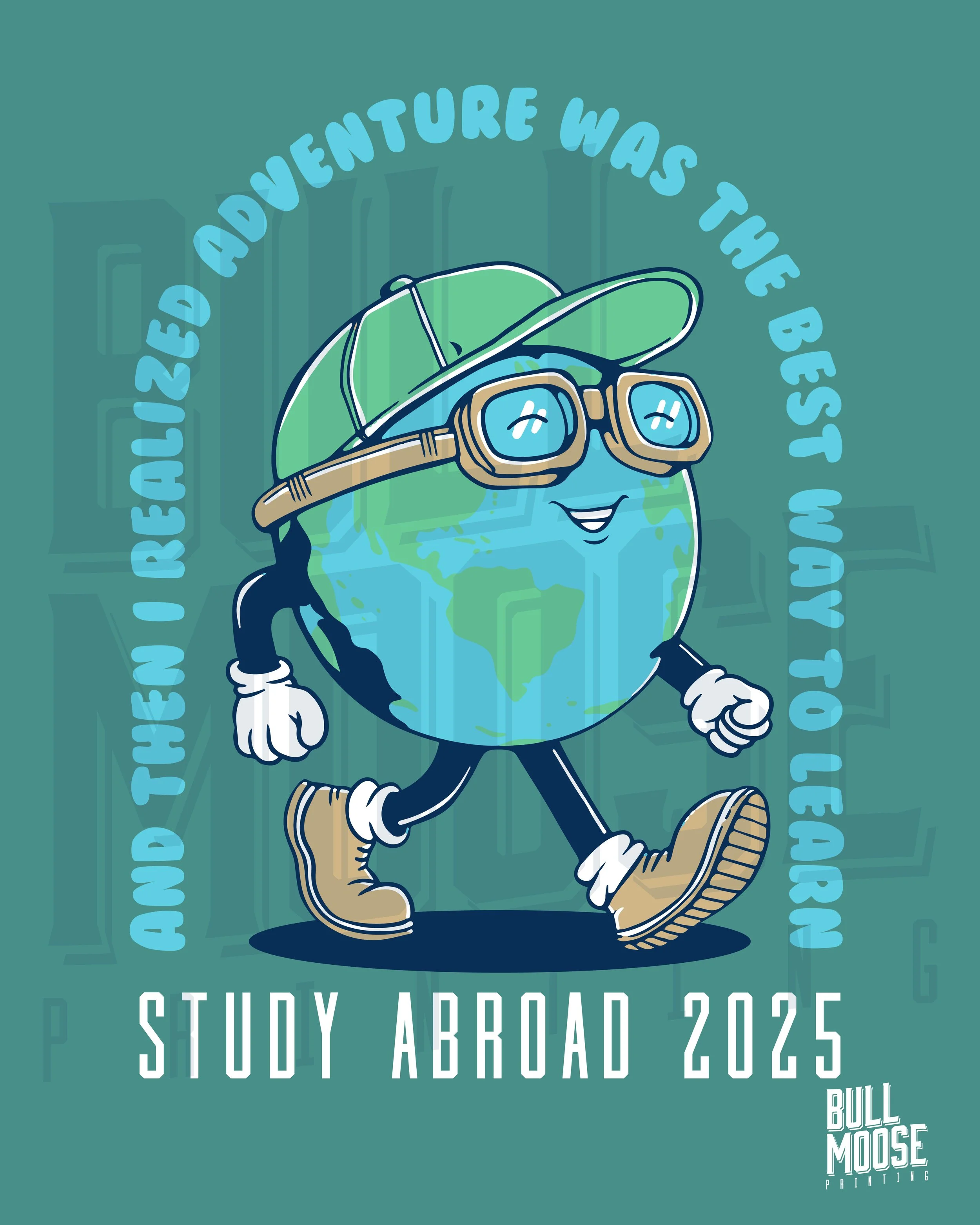 Animated Earth character wearing hiking boots, glasses, and a hat, walking with a happy expression, surrounded by text about studying abroad in 2025.