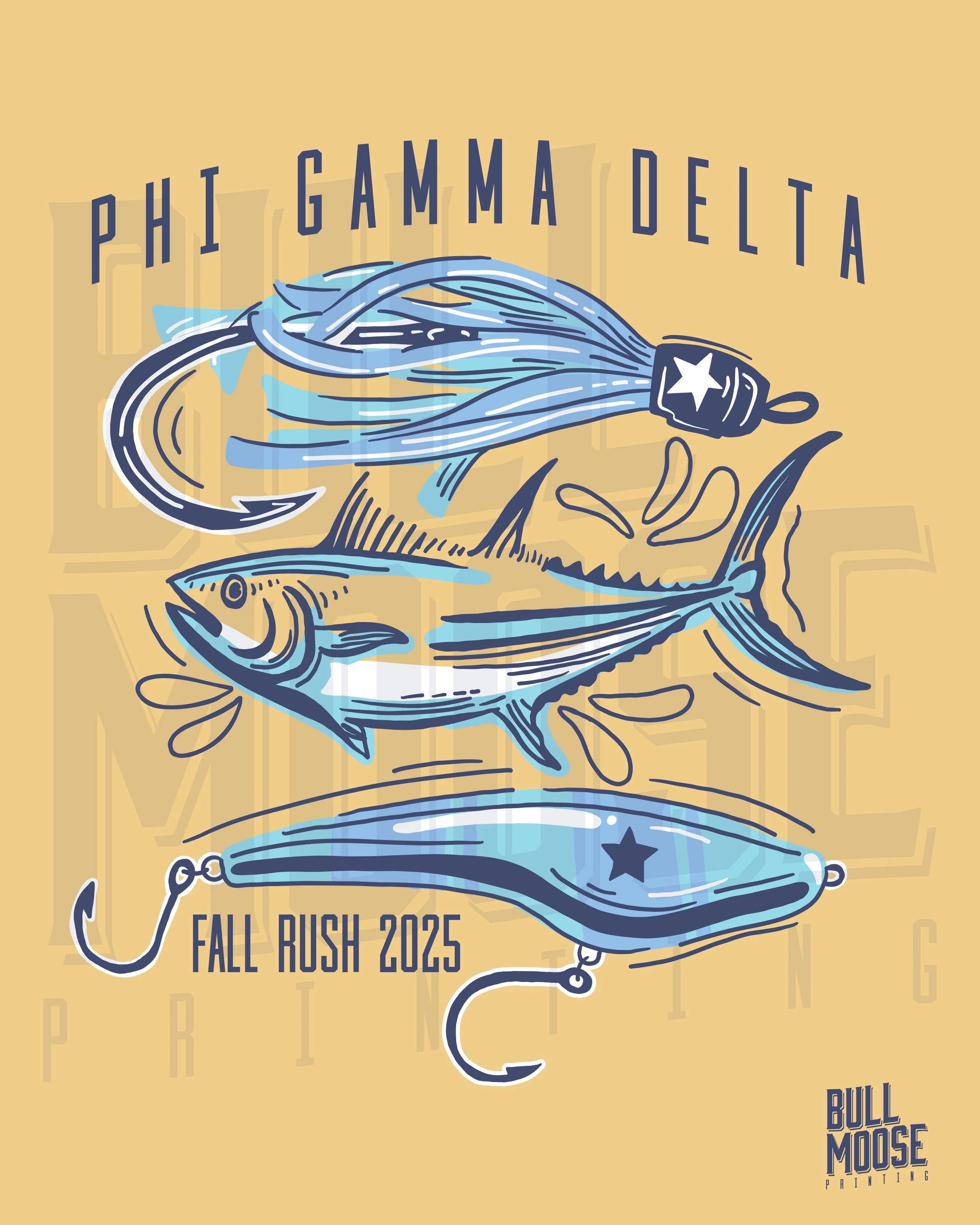 Graphic illustration of fishing bait and a fish, with the club emblem and text 'Phi Gamma Delta', 'Fall Rush 2025', and 'Bull Moose Printing' on a beige background.