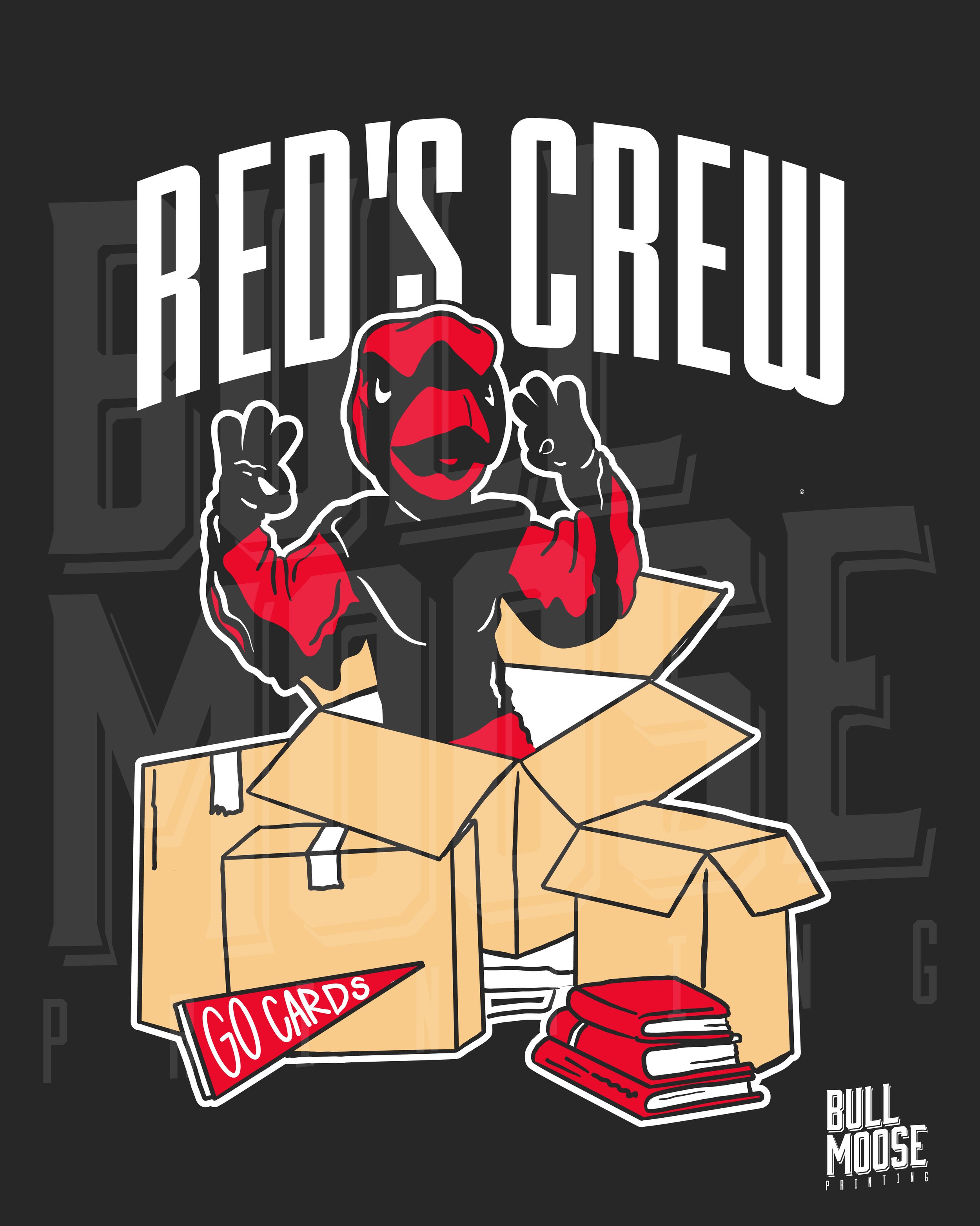 Illustration of a red bird mascot with a black beak, wearing a black and red jacket, popping out of a cardboard box, making a peace sign with one hand and an OK sign with the other. The box has a red tag that says 'GO CARDS.' There are three books ne