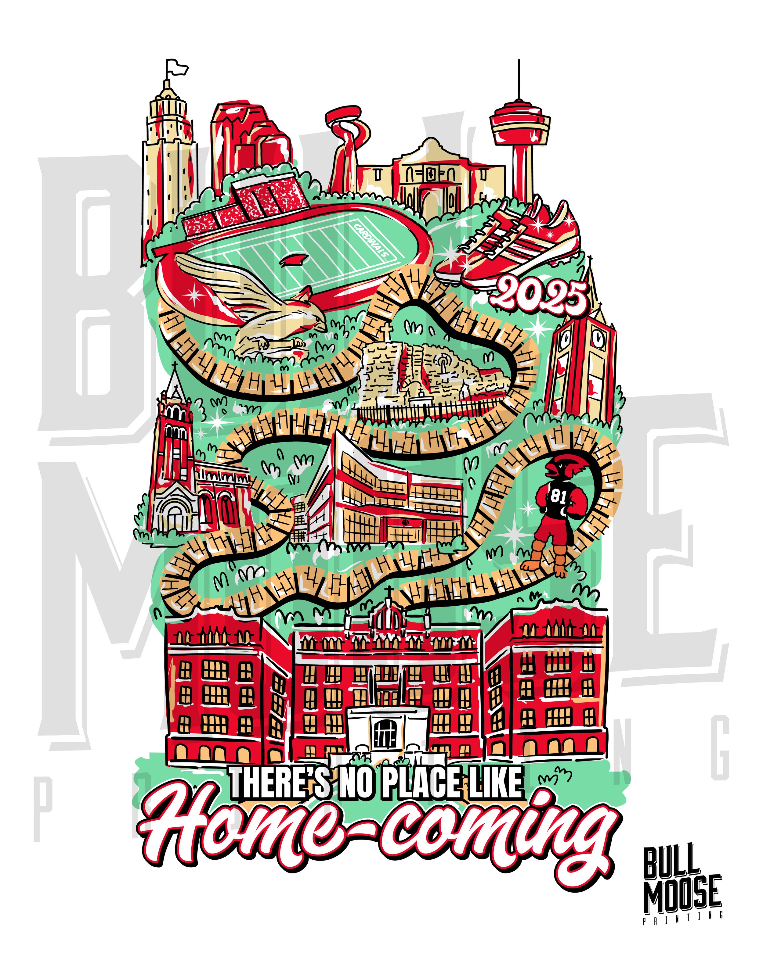 Illustrated map of North Carolina featuring landmarks such as a stadium, the North Carolina State Capitol, a lighthouse, a university building, and a football player, with the text 'There's no place like home-coming' and the year 2025.