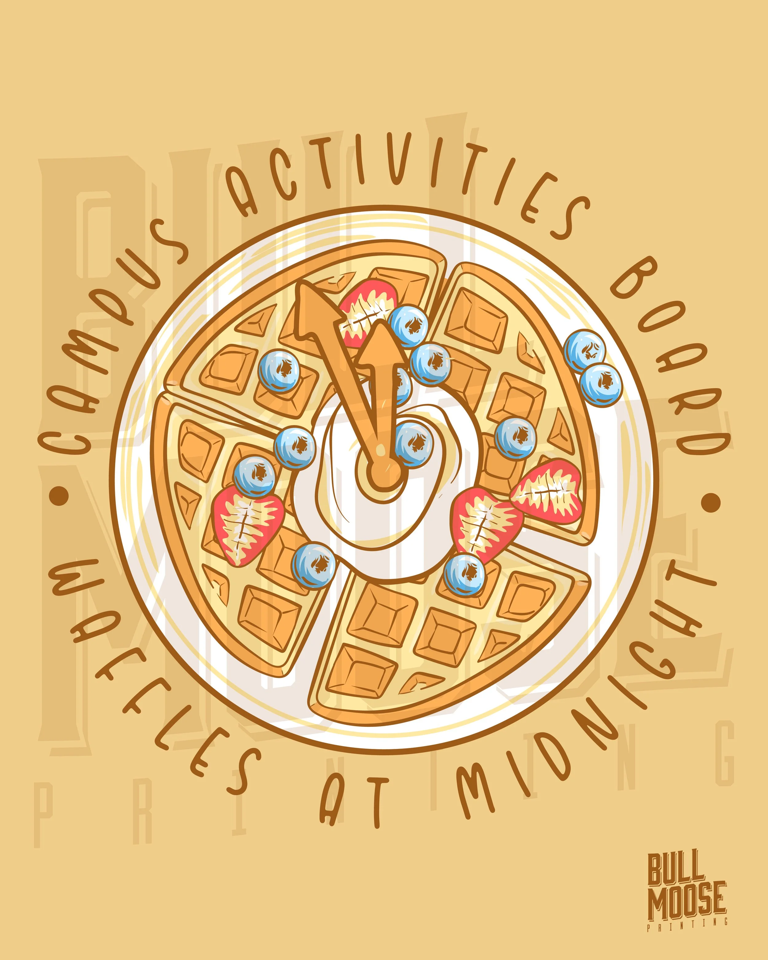 A clock made of waffles, topped with blueberries, strawberries, and syrup, with the time showing around 11:59. Text around the waffles reads, 'Jumping on your activities board, headaches at midnight.'