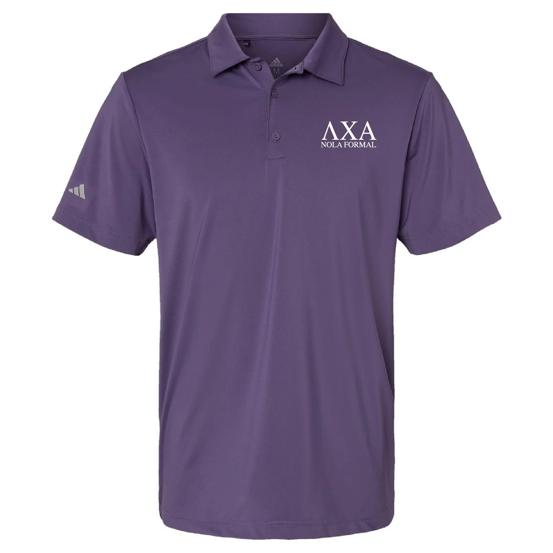 Purple polo shirt with college Greek letters and text for the Alpha Xi Alpha sorority, featuring a small Adidas logo on the sleeve.