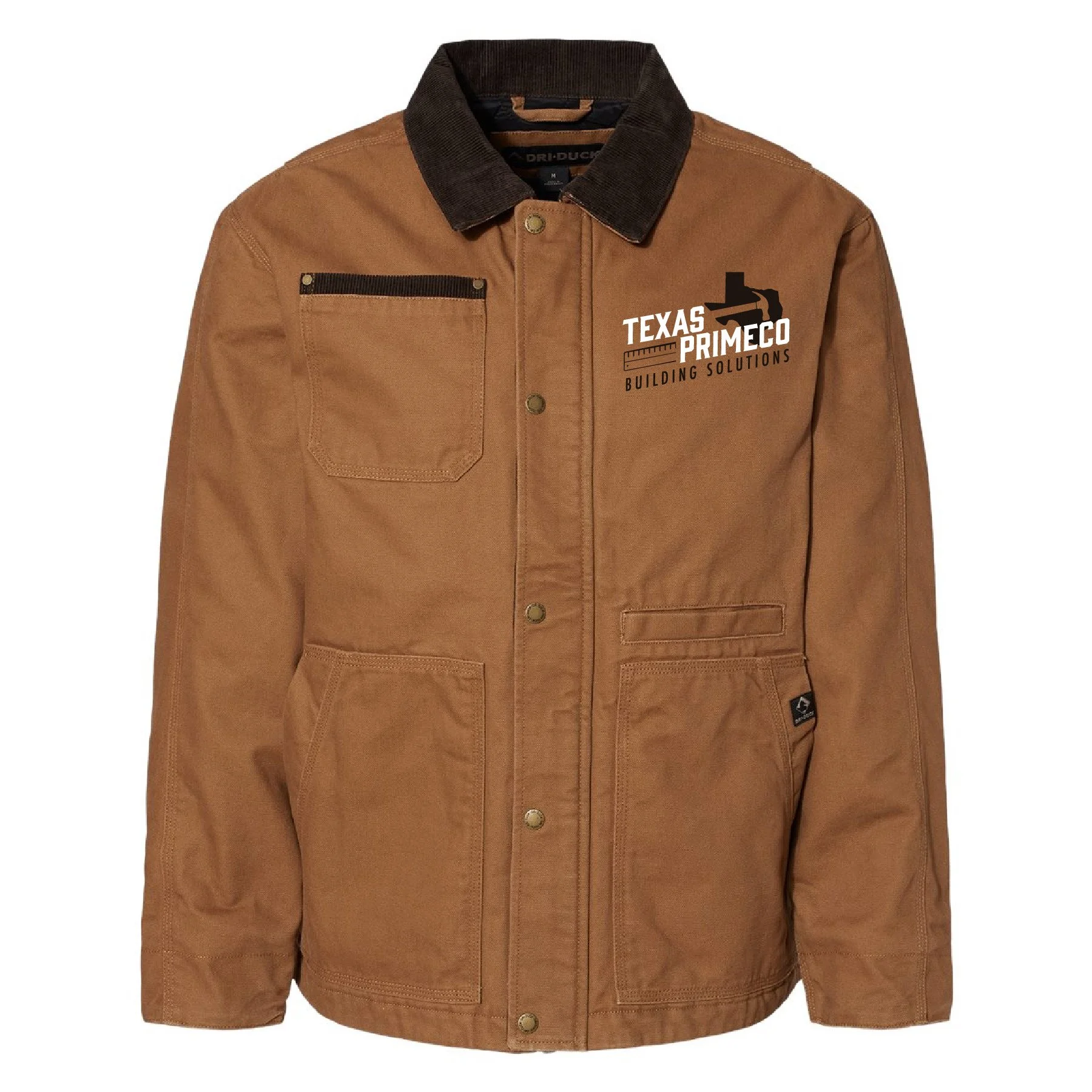 Brown work jacket with logo on chest for Texas Primeco Building Solutions